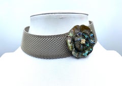 Chanel 1998 Woven Silver Mesh Choker Necklace with Abalone Camelia Flower