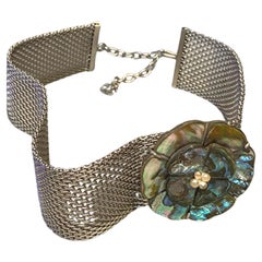 Chanel 1998 Woven Silver Mesh Choker Necklace with Abalone Camelia Flower
