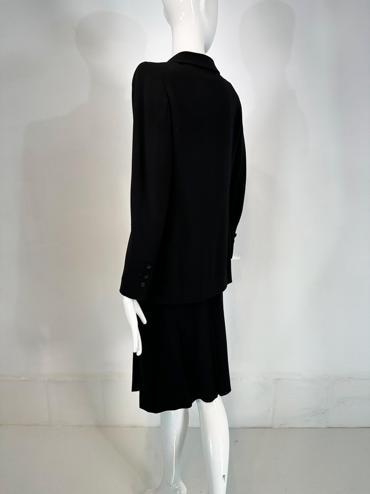 Chanel 1998P Black 100%  Wool Double Breasted Jacket & Pleated Skirt Set 36 6
