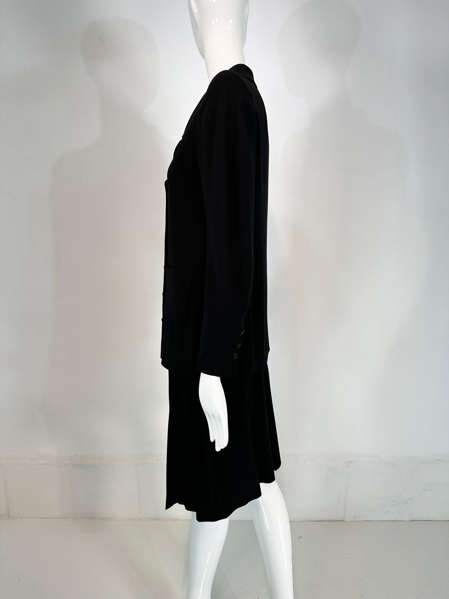 Chanel 1998P Black 100%  Wool Double Breasted Jacket & Pleated Skirt Set 36 7