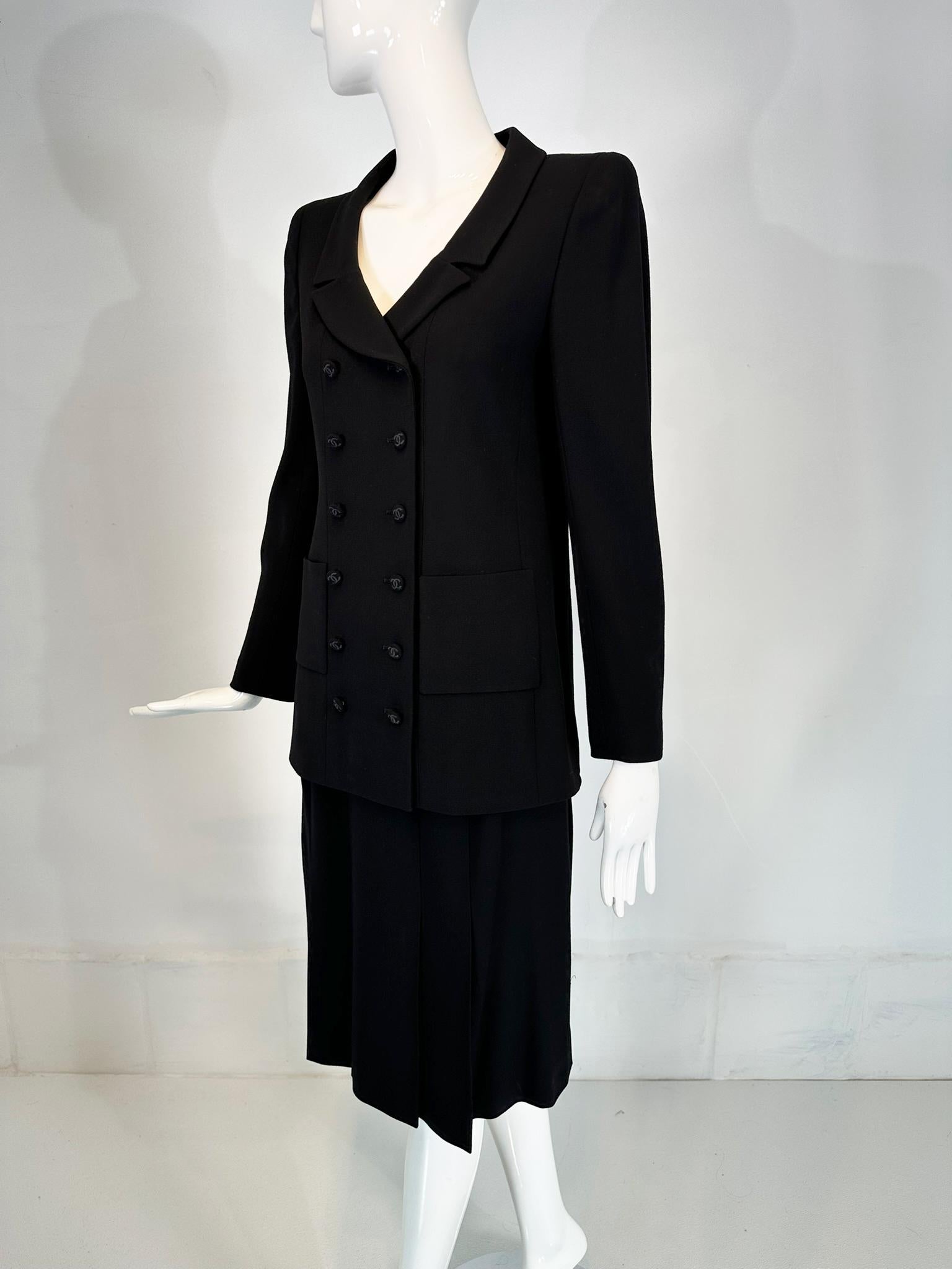 Chanel 1998P Black 100%  Wool Double Breasted Jacket & Pleated Skirt Set 36 8