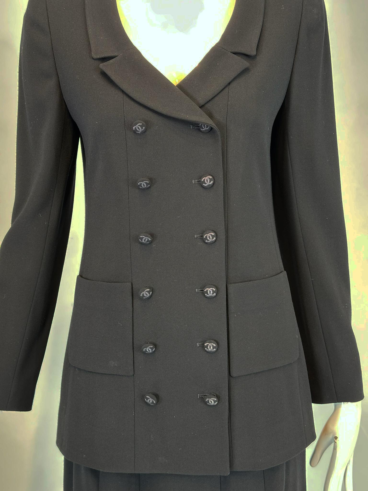 Chanel 1998P Black 100%  Wool Double Breasted Jacket & Pleated Skirt Set 36 10