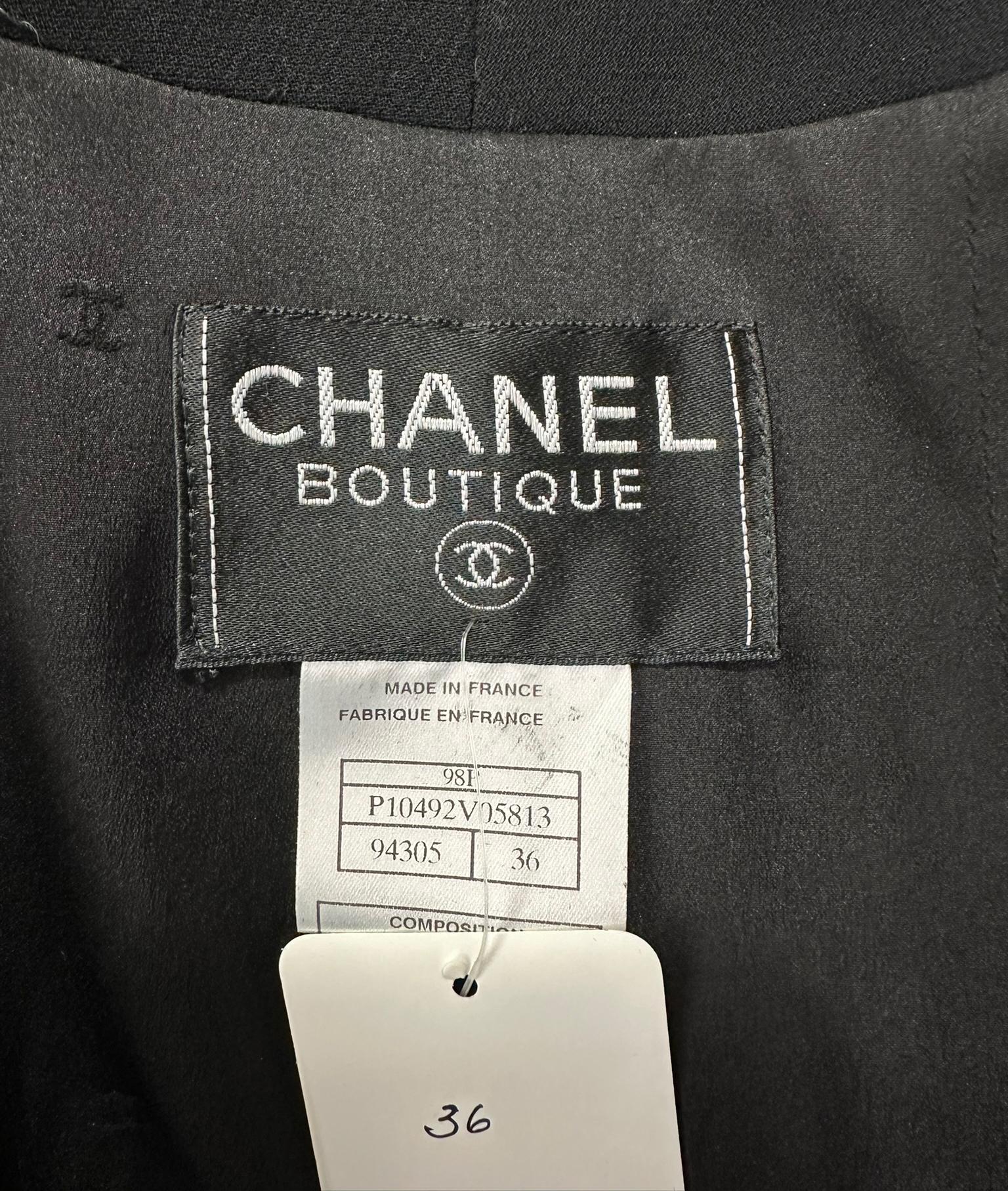 Chanel 1998P Black 100%  Wool Double Breasted Jacket & Pleated Skirt Set 36 11