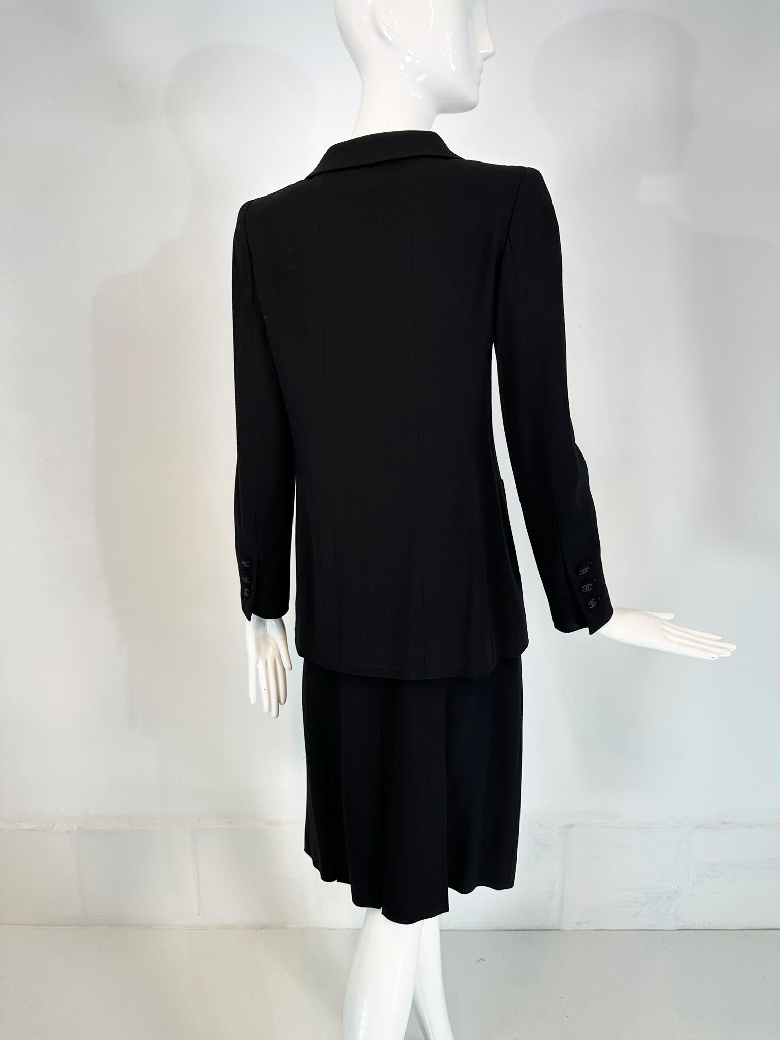 Chanel 1998P Black 100%  Wool Double Breasted Jacket & Pleated Skirt Set 36 3