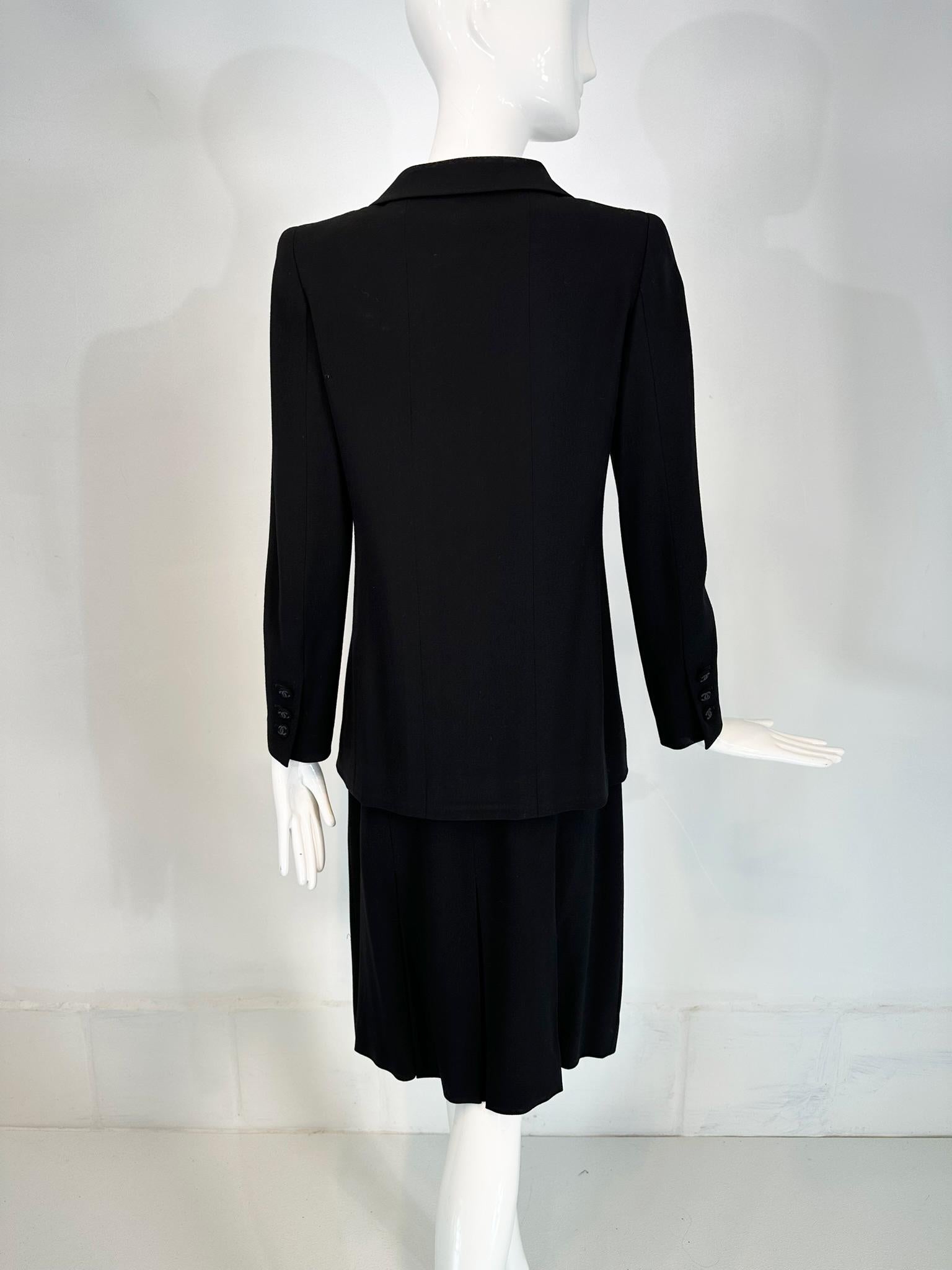 Chanel 1998P Black 100%  Wool Double Breasted Jacket & Pleated Skirt Set 36 4