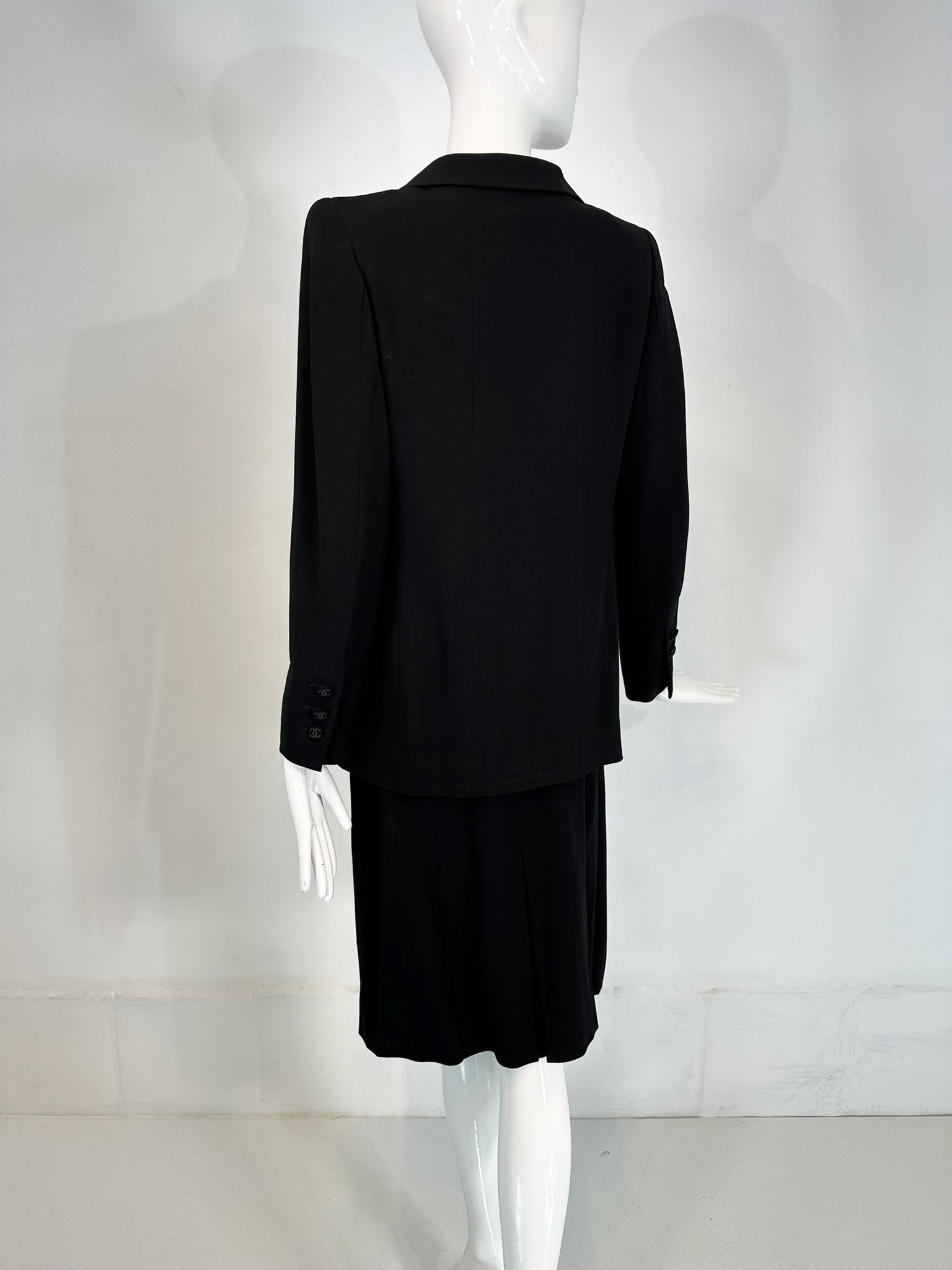 Chanel 1998P Black 100%  Wool Double Breasted Jacket & Pleated Skirt Set 36 5