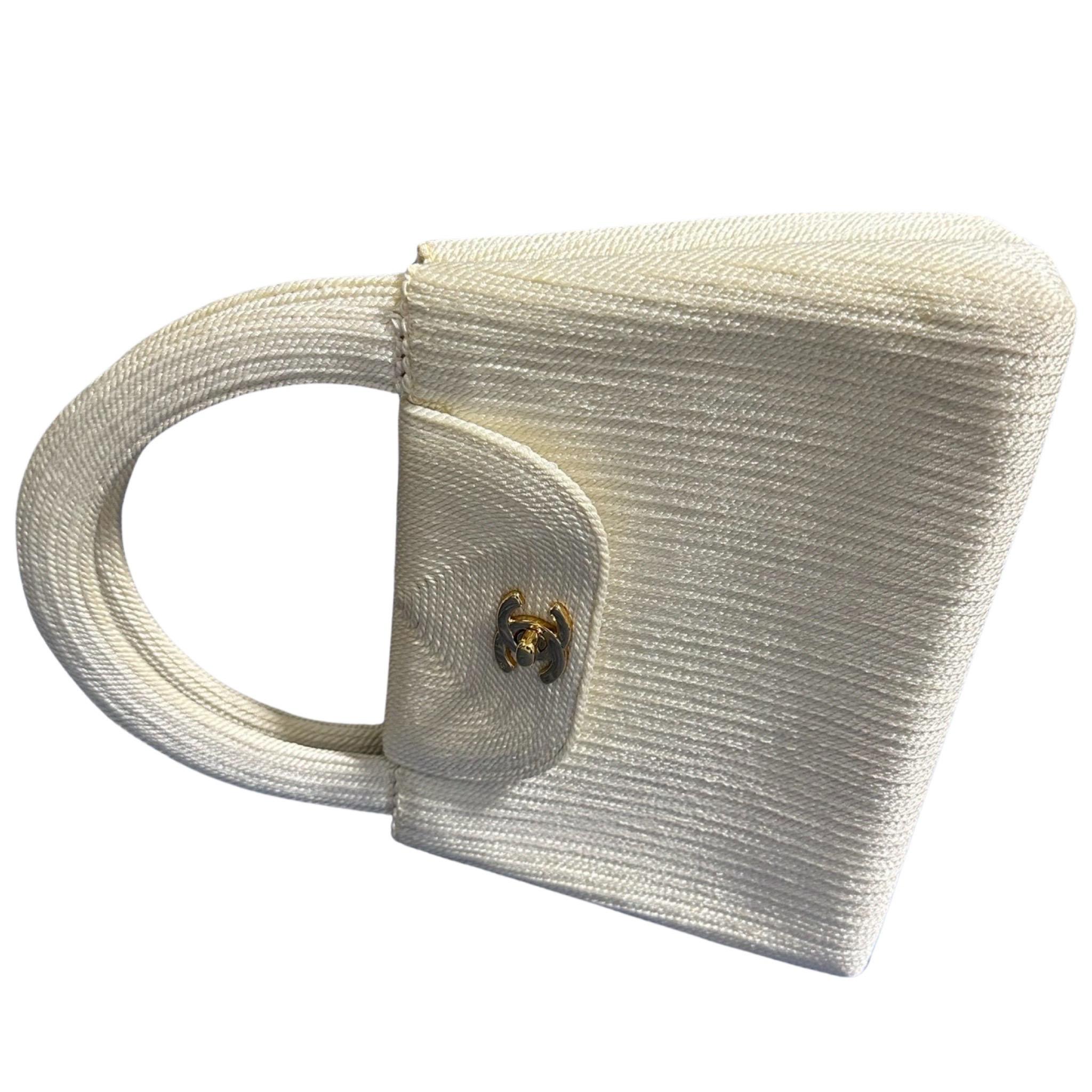 Chanel 1999 Light Beige Vintage Rare Woven Silk Medium Top Handle Kelly Bag 6