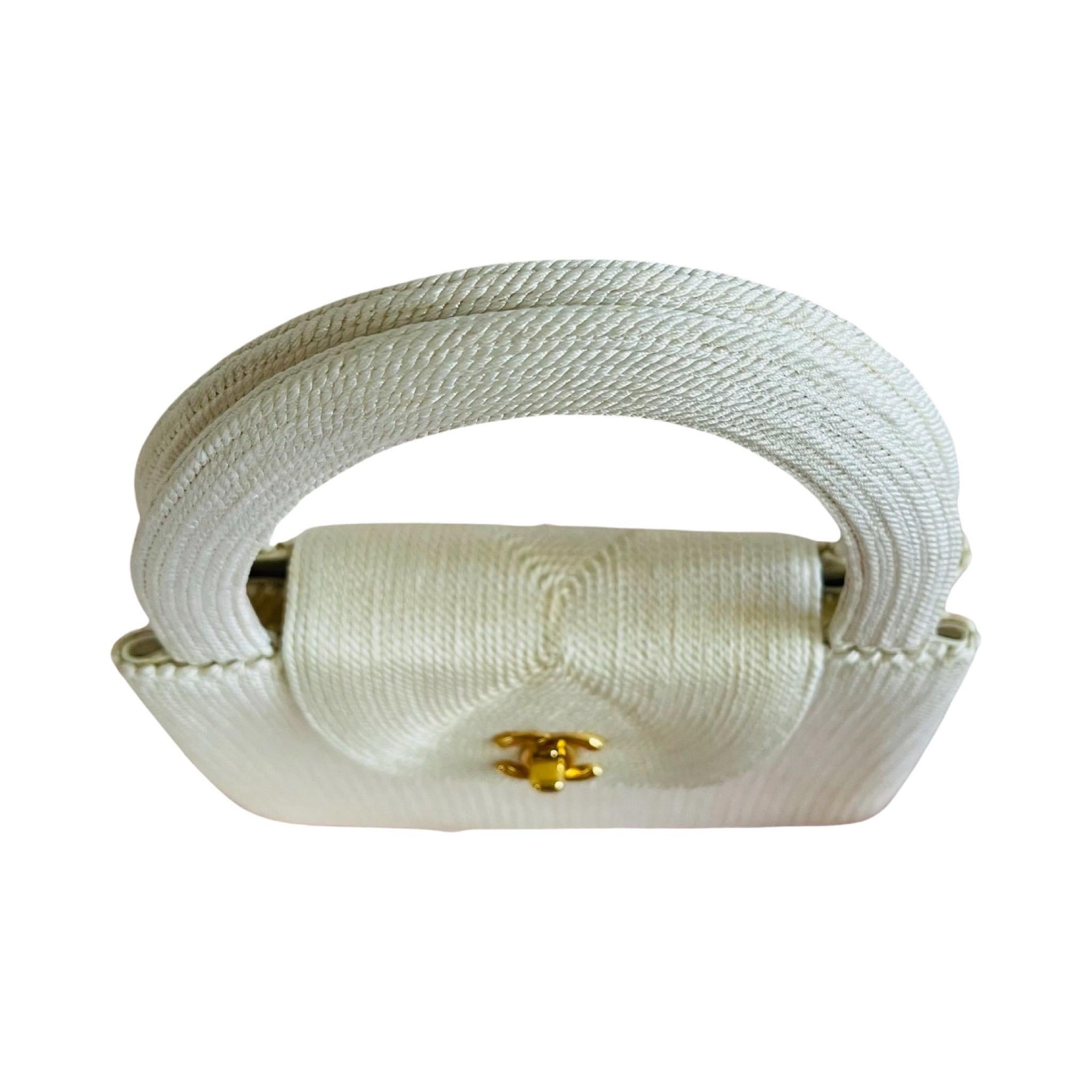Chanel 1999 Light Beige Vintage Rare Woven Silk Medium Top Handle Kelly Bag For Sale 7
