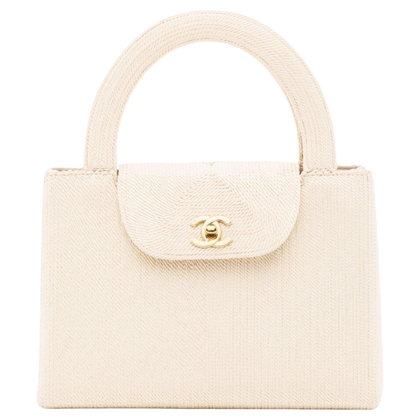 Chanel 1999 Light Beige Vintage Rare Woven Silk Medium Top Handle Kelly Bag In Excellent Condition In Miami, FL