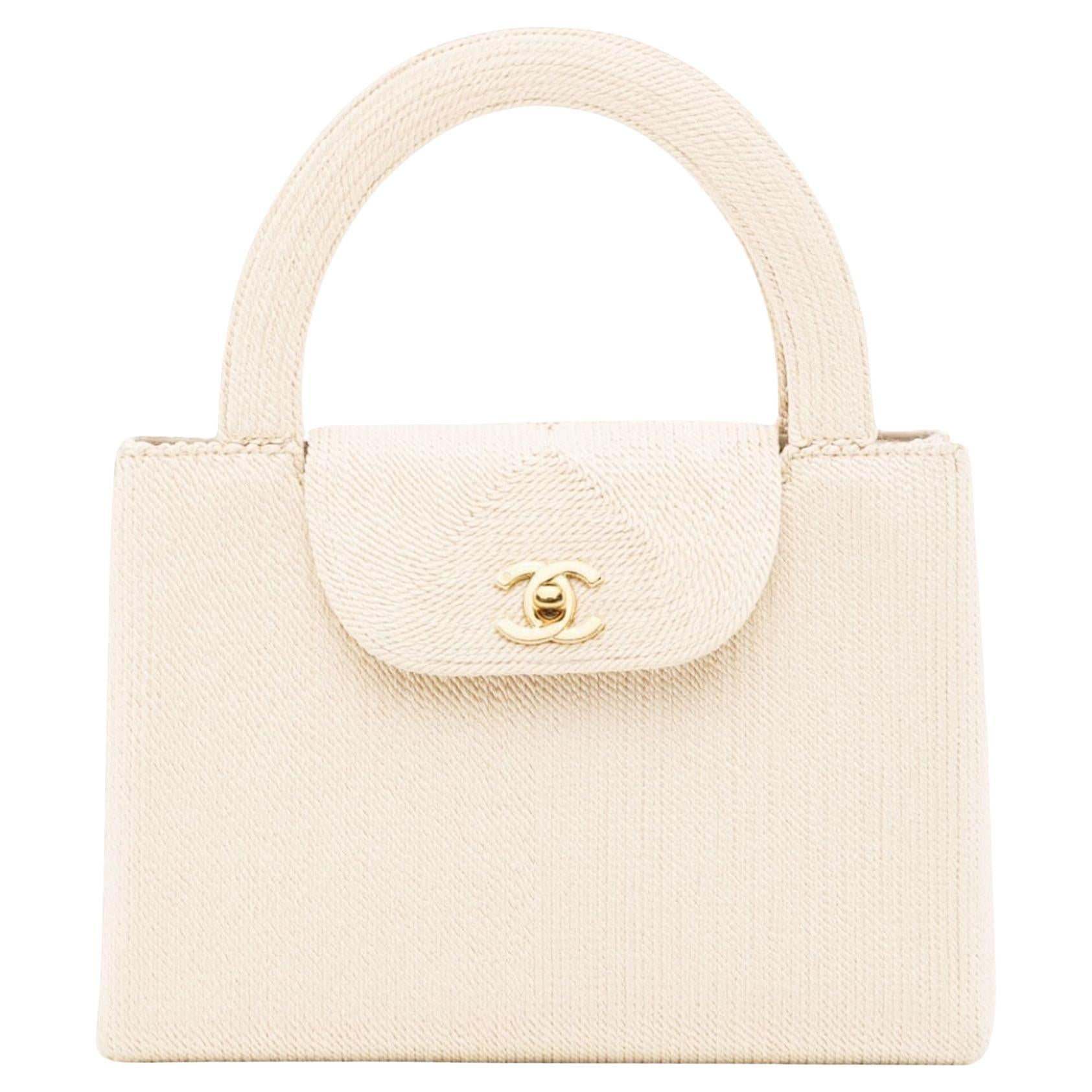 Chanel sac Kelly vintage rare beige clair en soie tissée à poignée supérieure moyenne, 1999 en vente