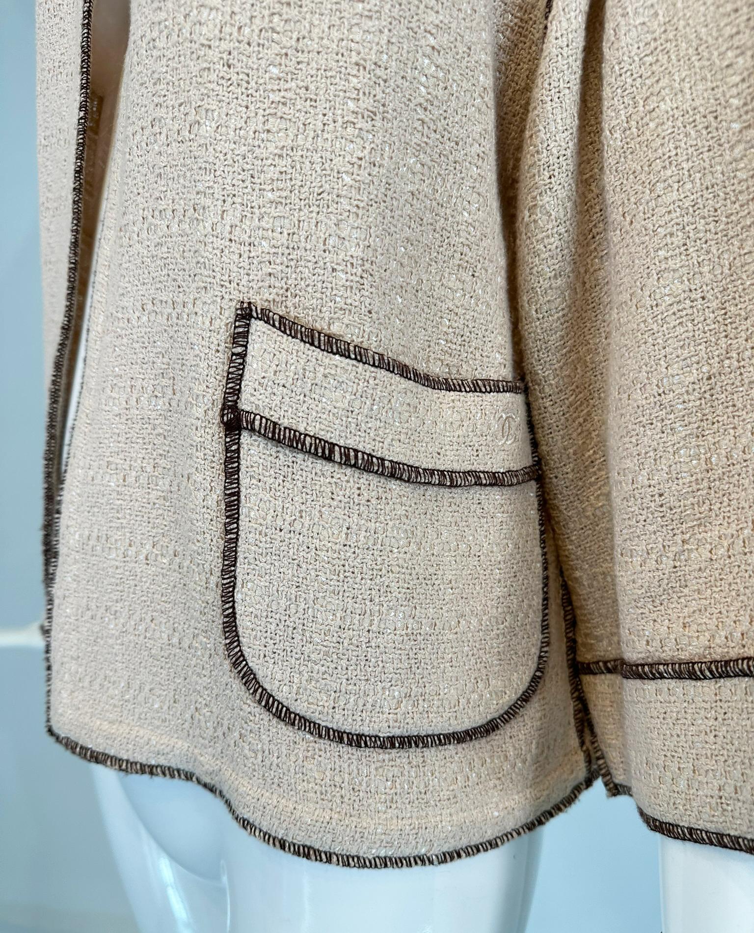Chanel  1999P Veste en coton beige et brun à armure ouverte, coupe étroite, devant ouvert 42 en vente 5