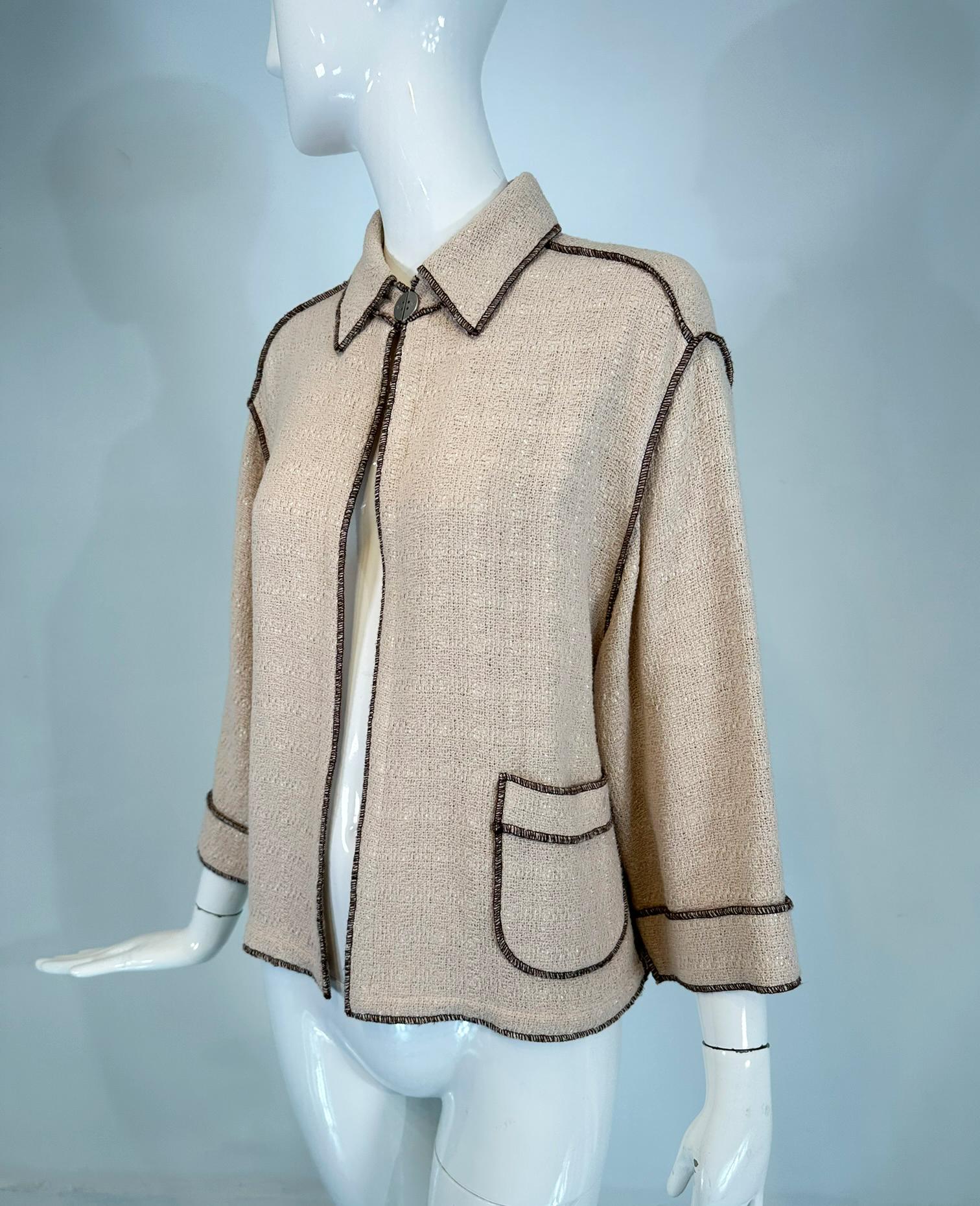 Chanel  1999P Veste en coton beige et brun à armure ouverte, coupe étroite, devant ouvert 42 en vente 6