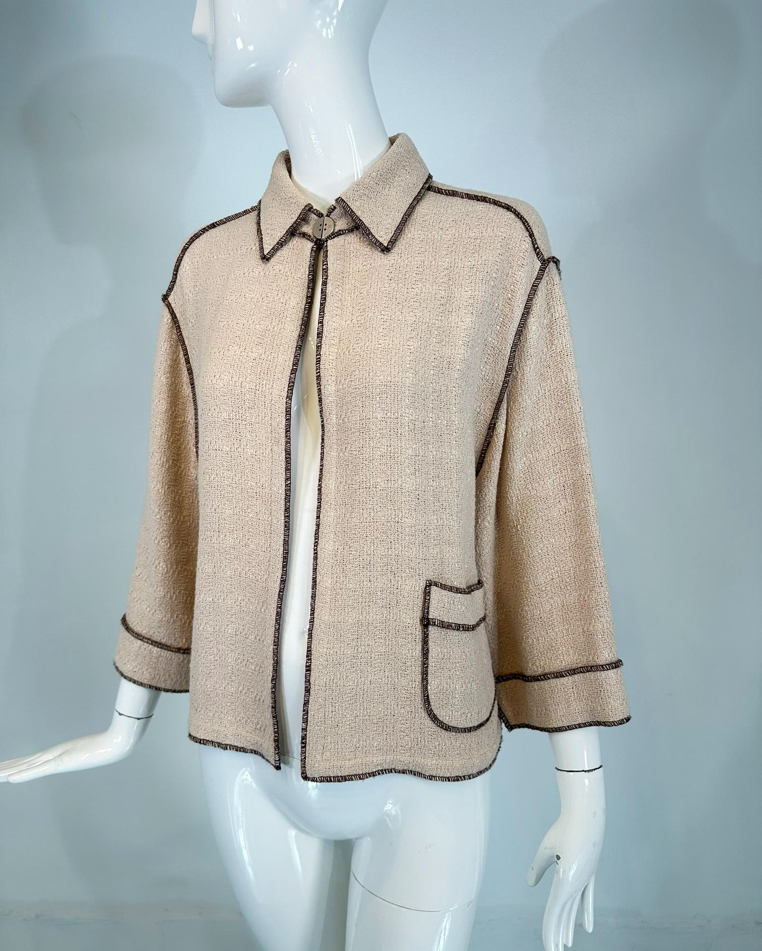 Chanel  1999P Veste en coton beige et brun à armure ouverte, coupe étroite, devant ouvert 42 en vente 7
