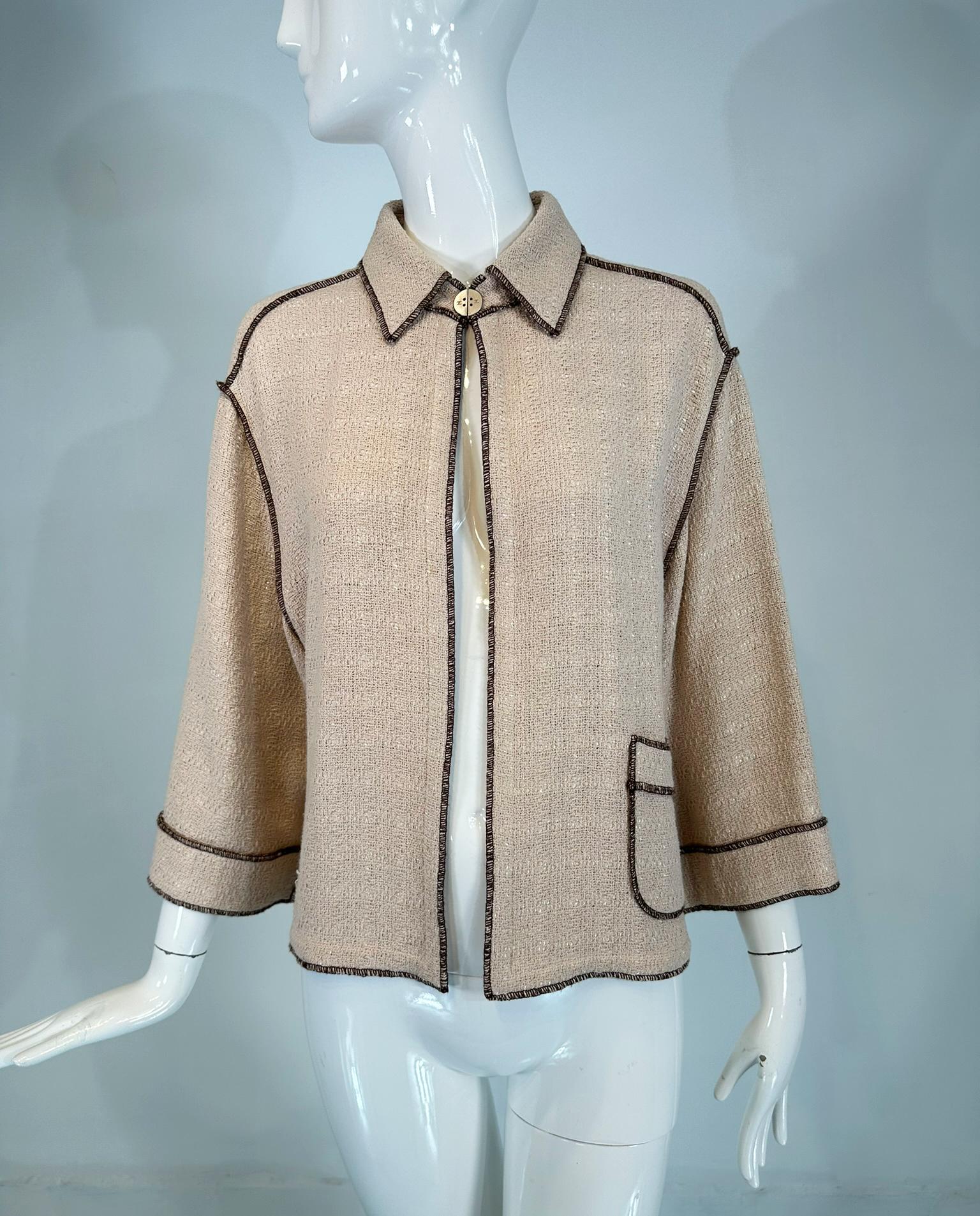 Chanel  1999P Veste en coton beige et brun à armure ouverte, coupe étroite, devant ouvert 42 en vente 8