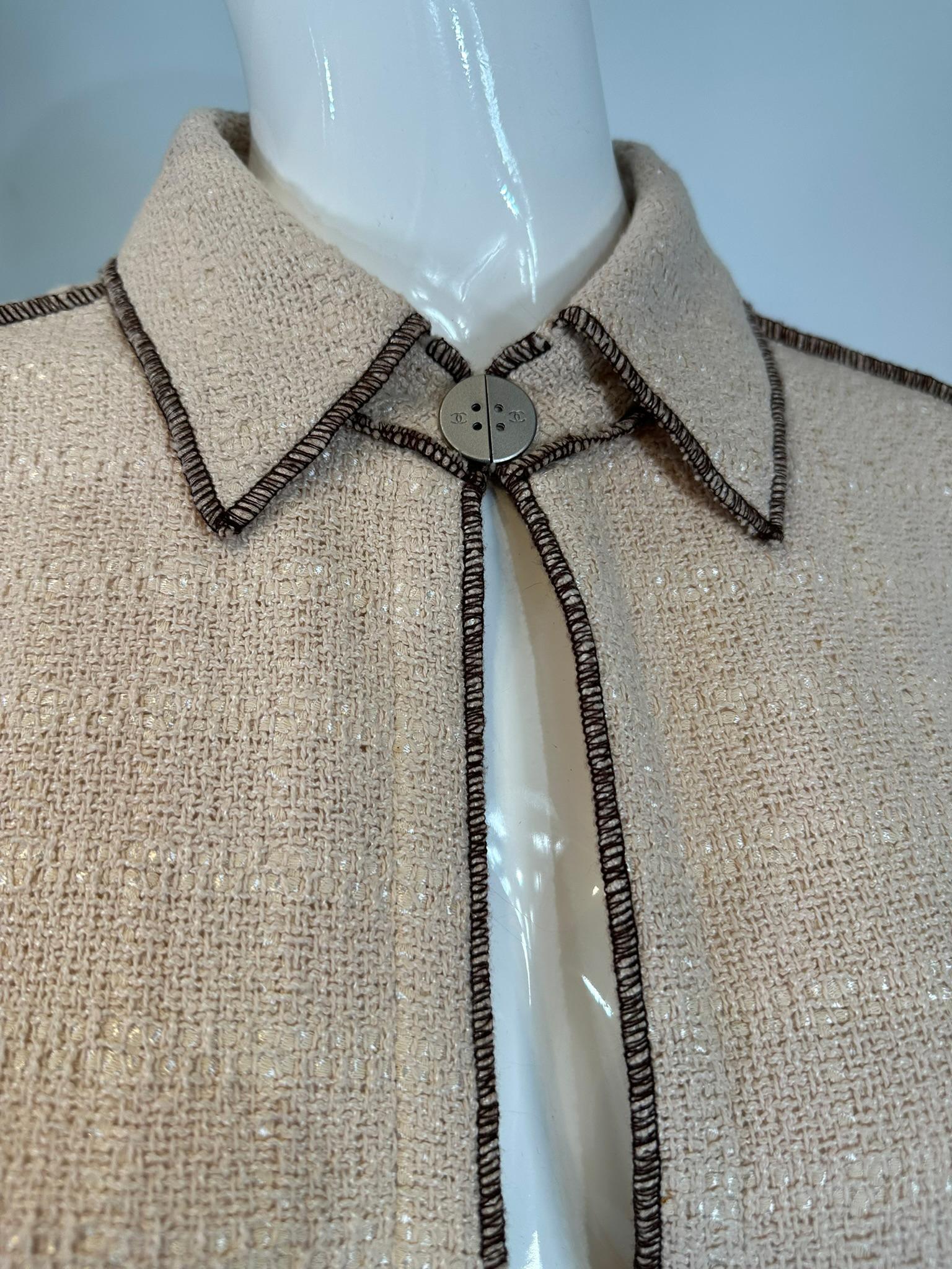 Chanel  1999P Veste en coton beige et brun à armure ouverte, coupe étroite, devant ouvert 42 en vente 9