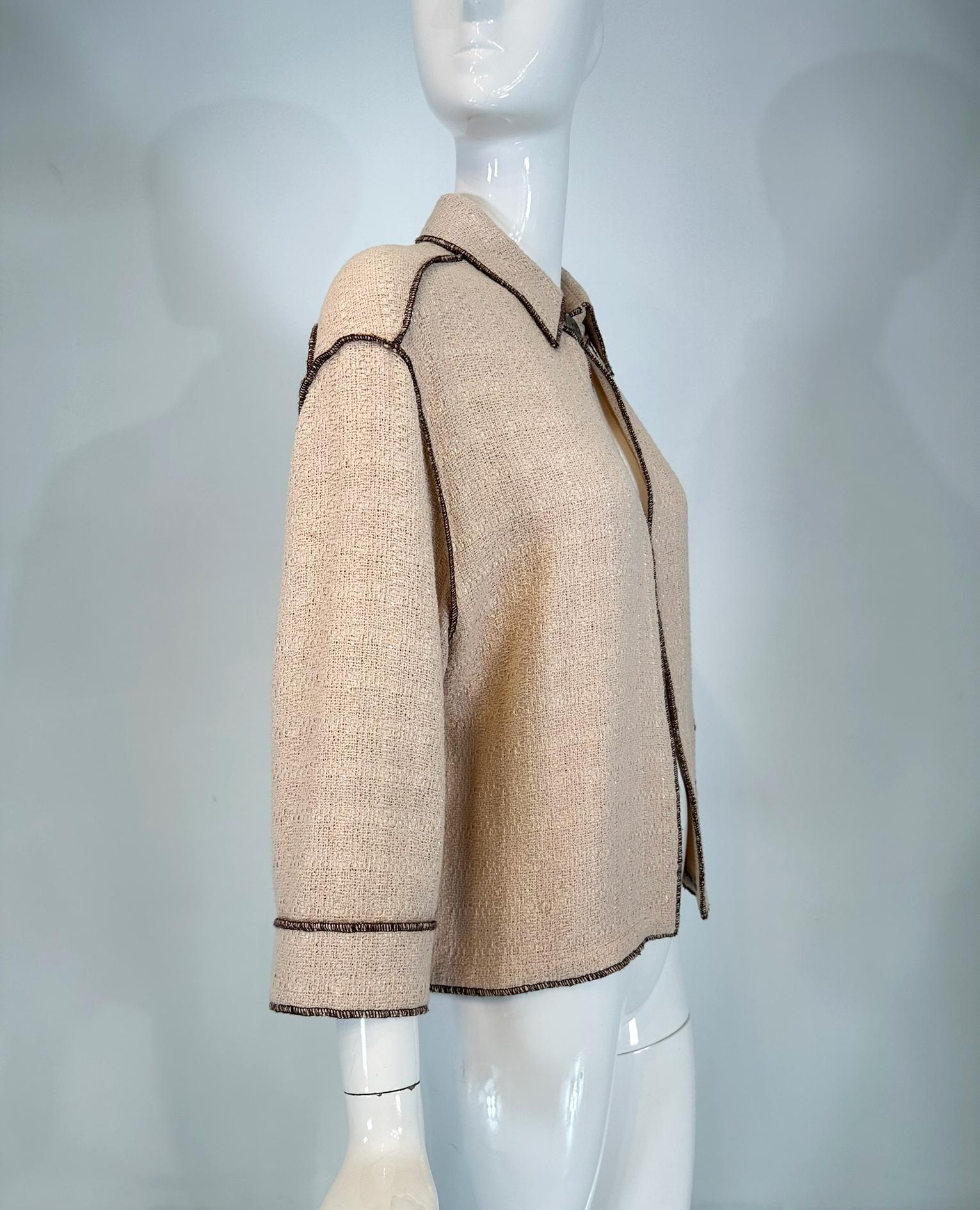 Gris Chanel  1999P Veste en coton beige et brun à armure ouverte, coupe étroite, devant ouvert 42 en vente