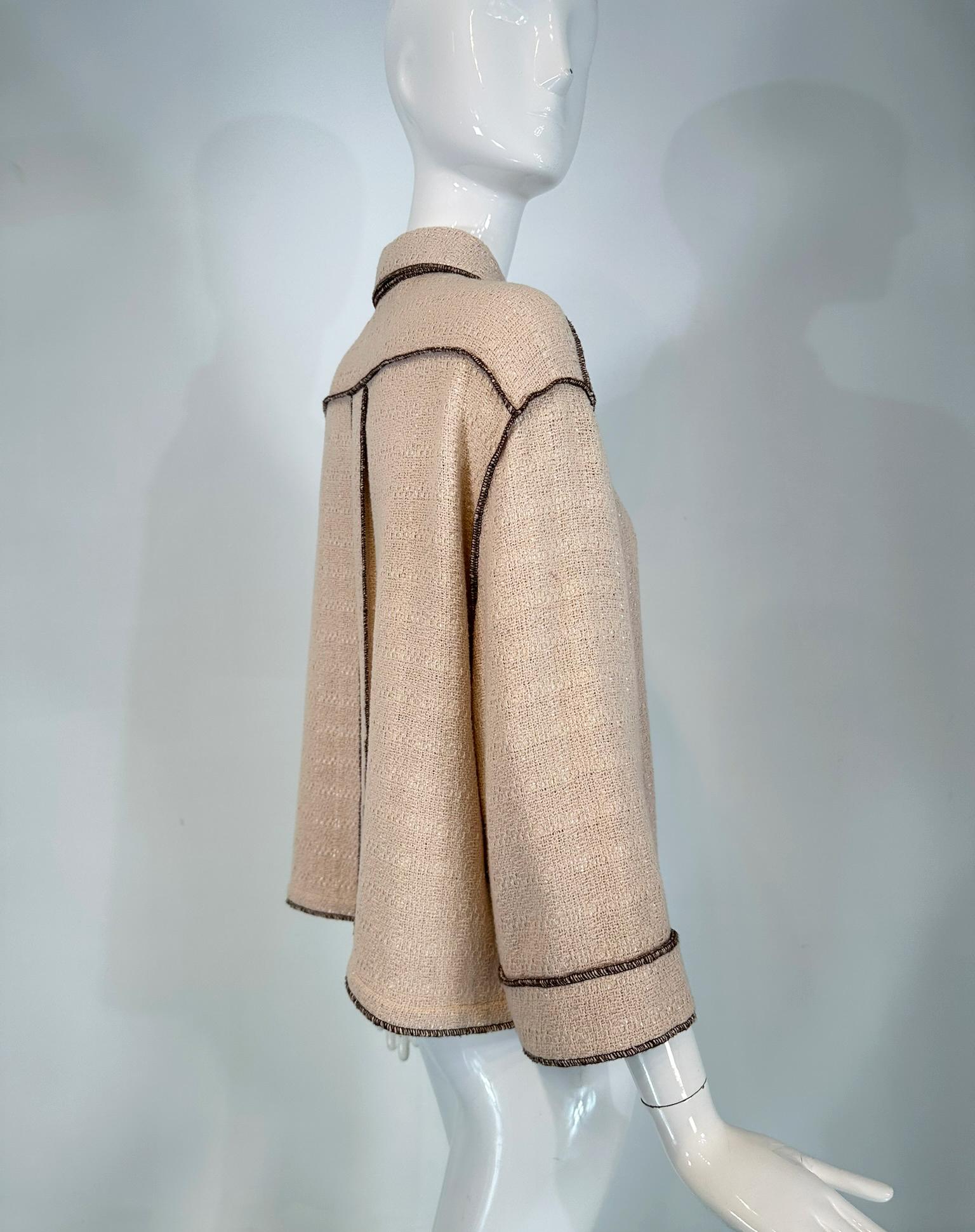 Chanel  1999P Veste en coton beige et brun à armure ouverte, coupe étroite, devant ouvert 42 Bon état - En vente à West Palm Beach, FL