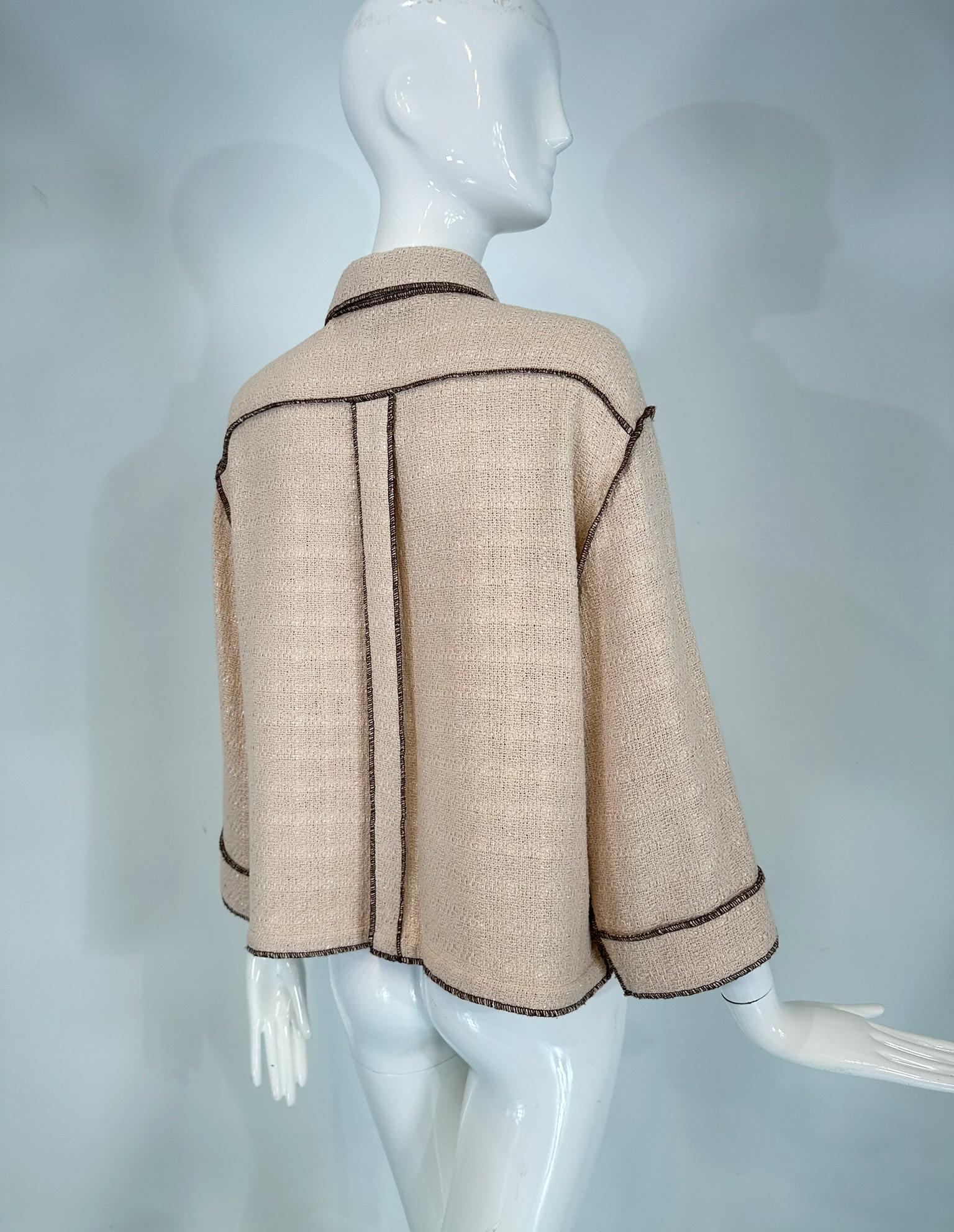 Chanel  1999P Veste en coton beige et brun à armure ouverte, coupe étroite, devant ouvert 42 Pour femmes en vente