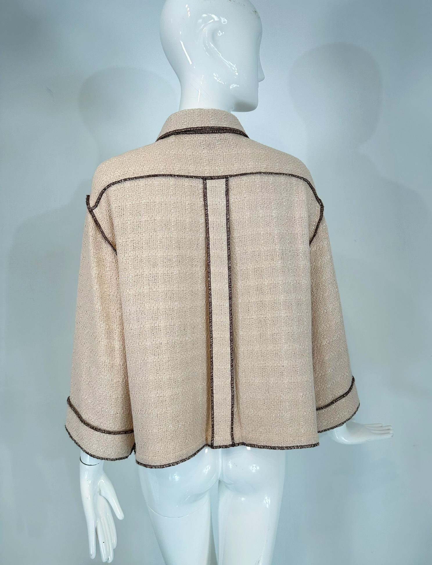 Chanel  1999P Veste en coton beige et brun à armure ouverte, coupe étroite, devant ouvert 42 en vente 1