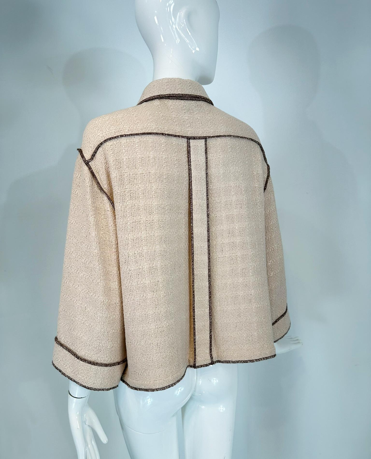 Chanel  1999P Veste en coton beige et brun à armure ouverte, coupe étroite, devant ouvert 42 en vente 2