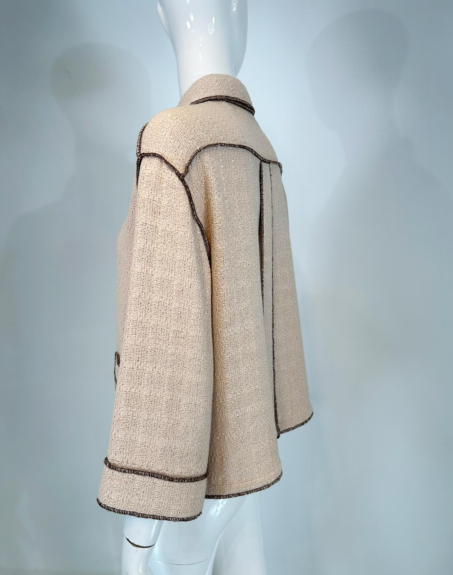 Chanel  1999P Veste en coton beige et brun à armure ouverte, coupe étroite, devant ouvert 42 en vente 3