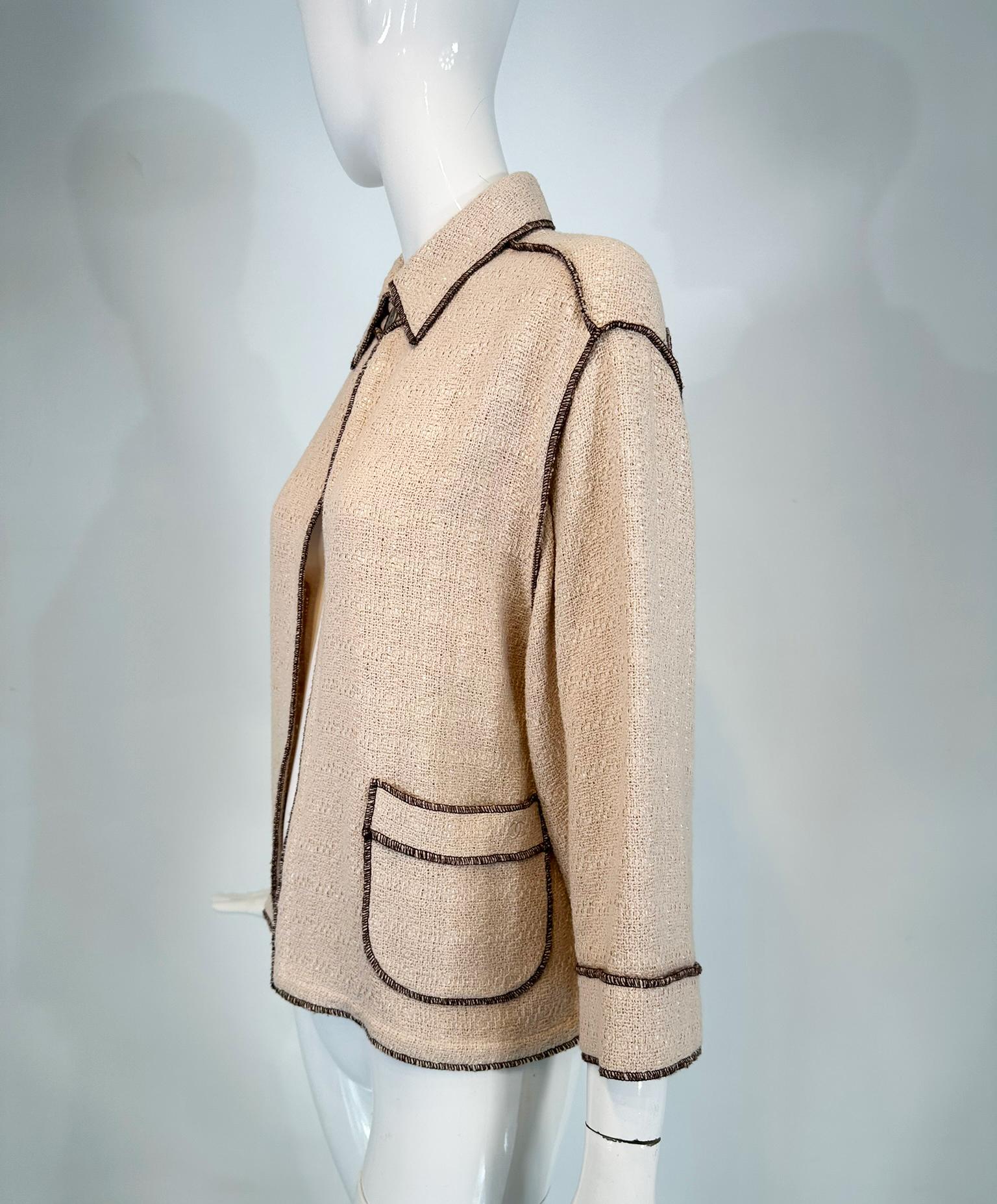 Chanel  1999P Veste en coton beige et brun à armure ouverte, coupe étroite, devant ouvert 42 en vente 4