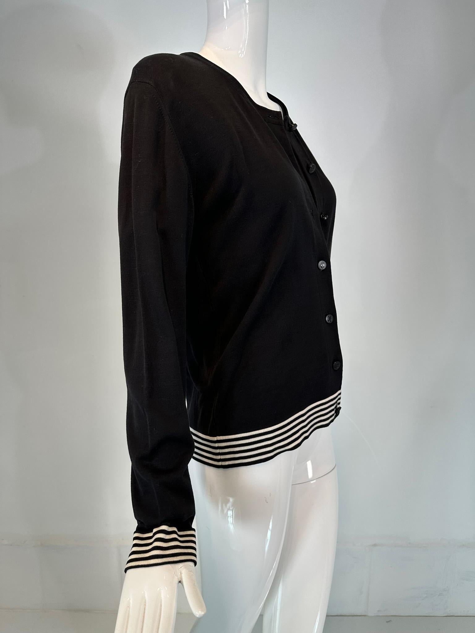 Chanel 199C Black & White 100% Cotton Stripe Twin Set Cardigan & Sweater 40 For Sale 1
