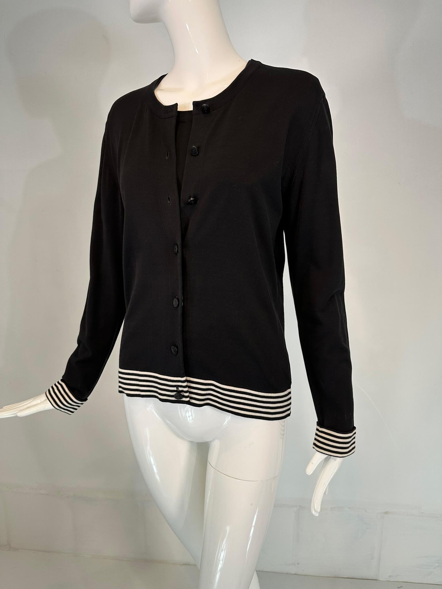 Chanel 199C Black & White 100% Cotton Stripe Twin Set Cardigan & Sweater 40 For Sale 5
