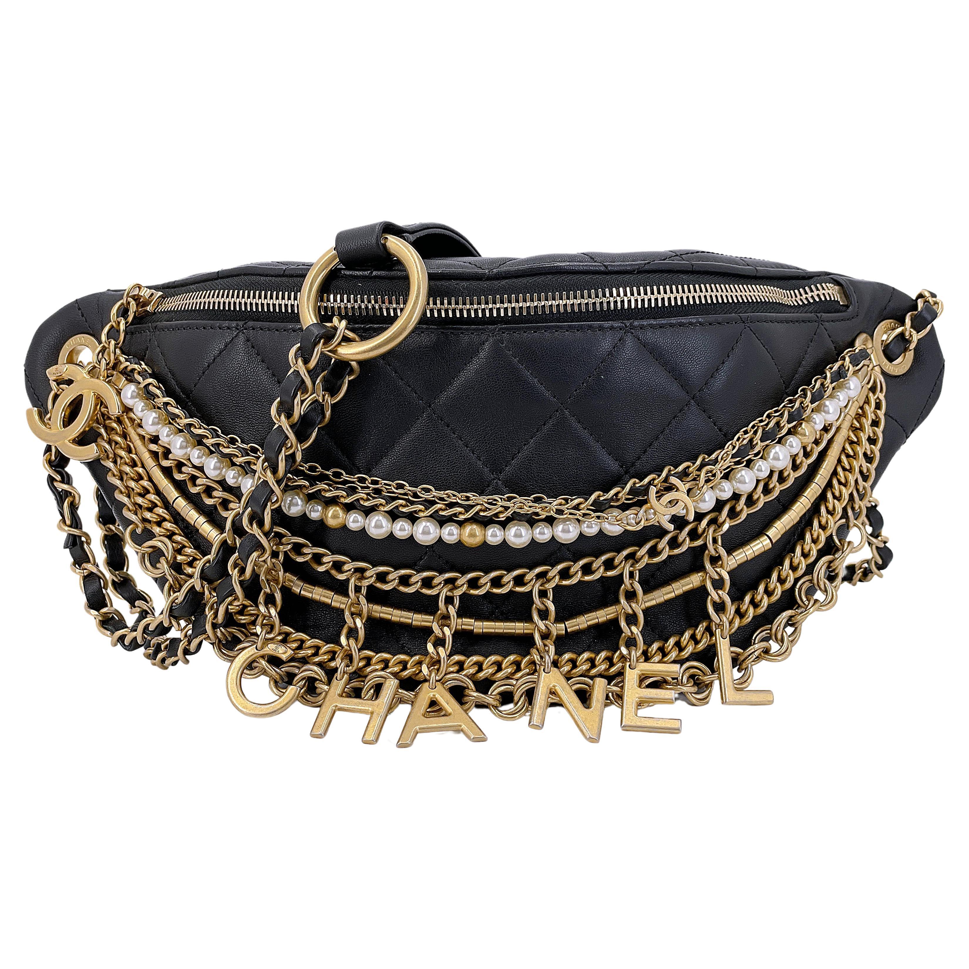 Chanel 19A Black All About Chains Pearl Fanny Pack Bag GHW 67686 For Sale