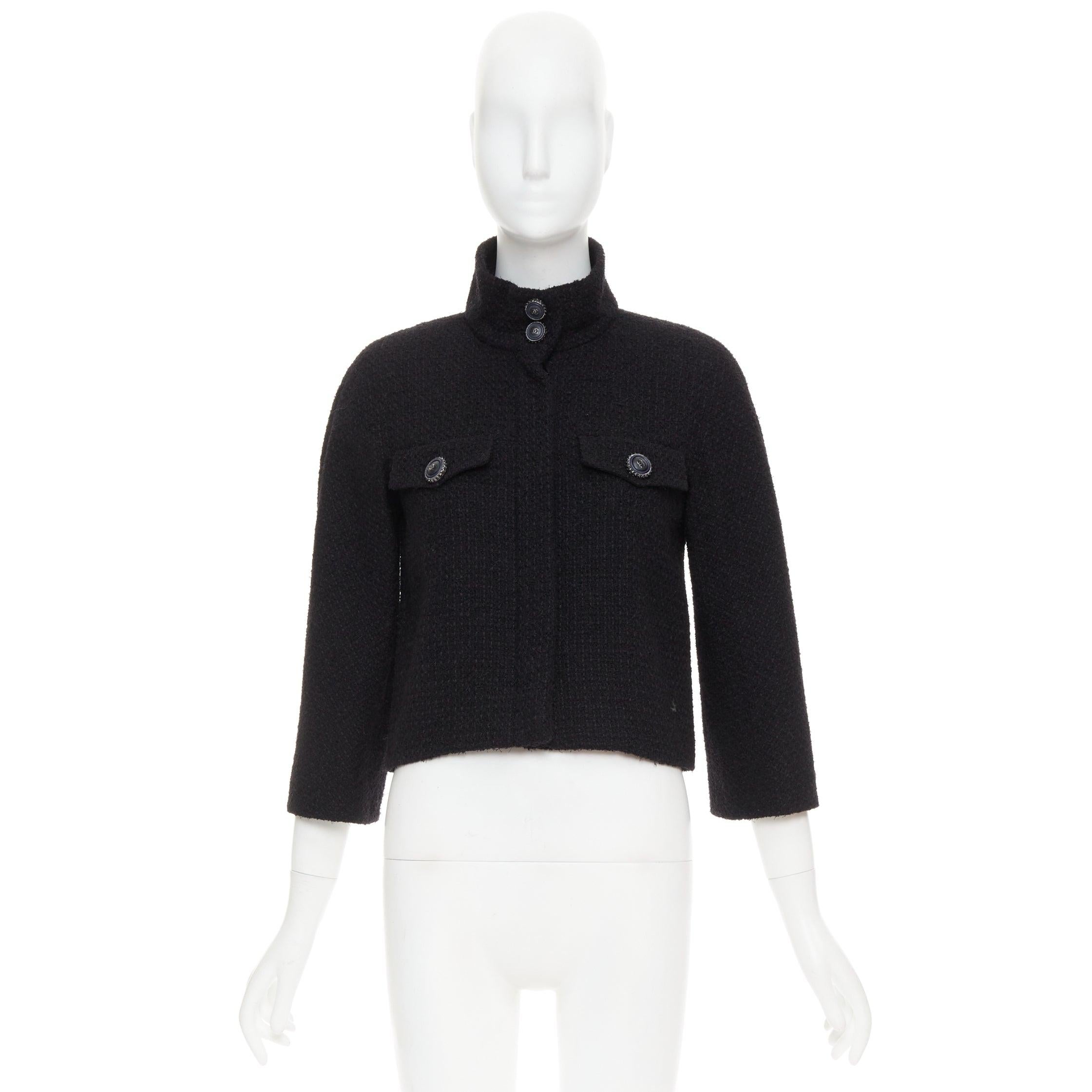 CHANEL 19A black wool tweed CC logo buttons high collar crop jacket FR34 XS For Sale 5
