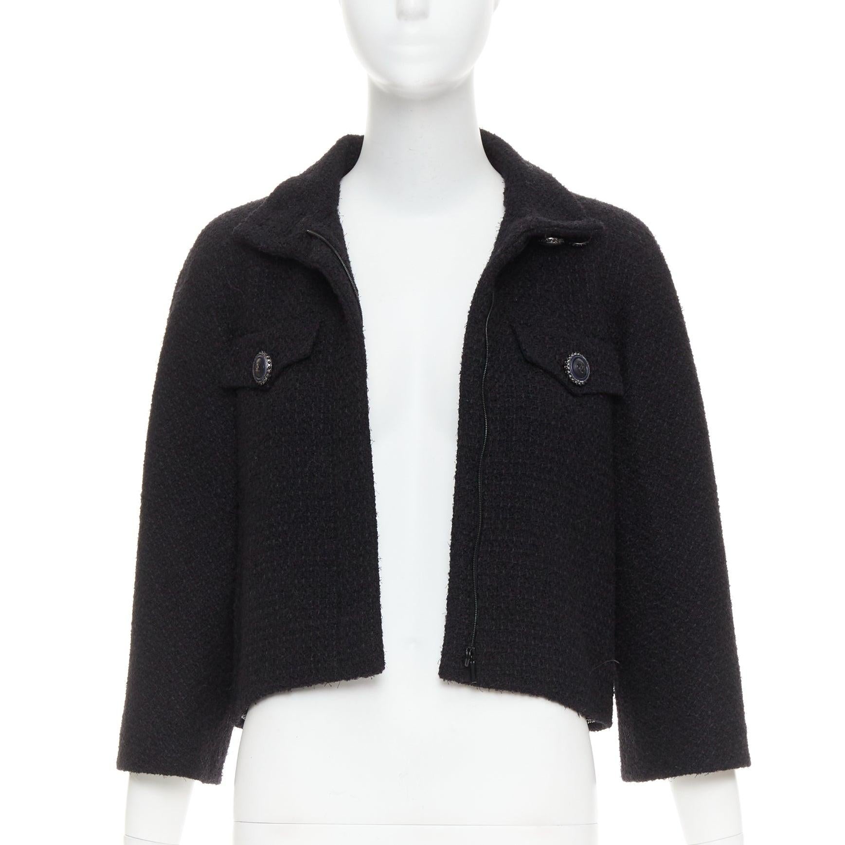 Black CHANEL 19A black wool tweed CC logo buttons high collar crop jacket FR34 XS For Sale
