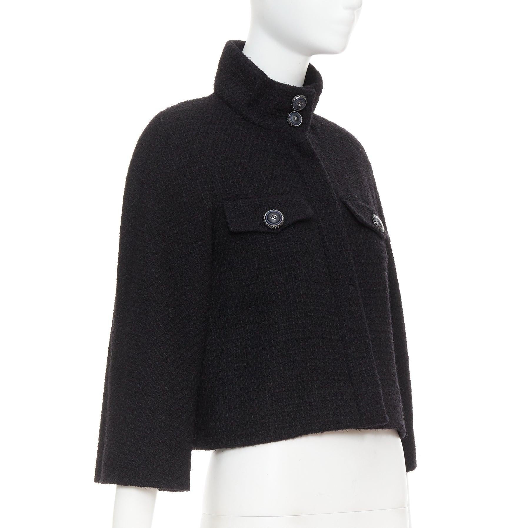 CHANEL 19A black wool tweed CC logo buttons high collar crop jacket FR34 XS In Excellent Condition For Sale In Hong Kong, NT