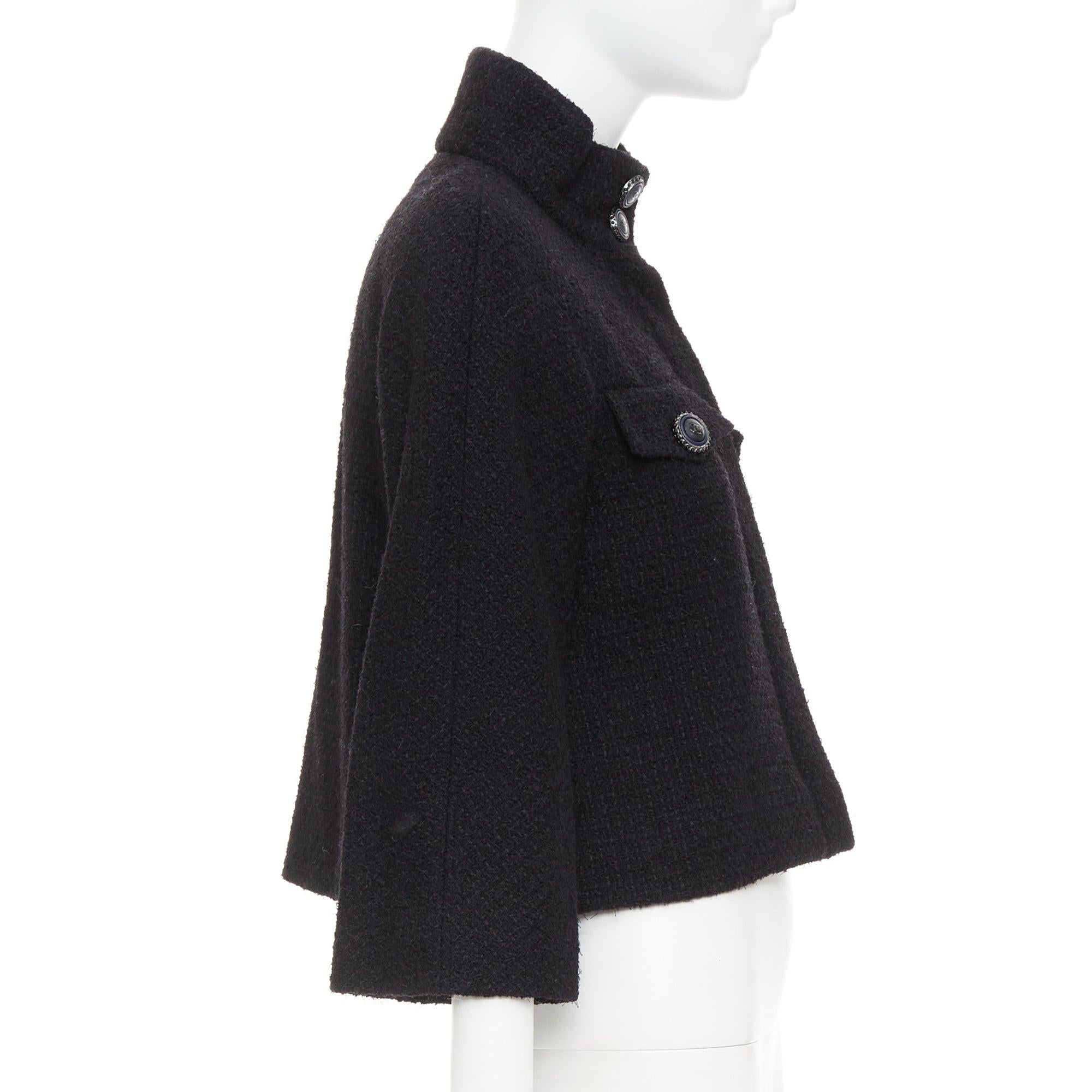 Women's CHANEL 19A black wool tweed CC logo buttons high collar crop jacket FR34 XS For Sale