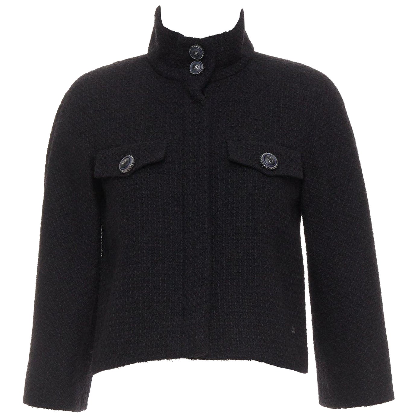 CHANEL 19A black wool tweed CC logo buttons high collar crop jacket FR34 XS For Sale