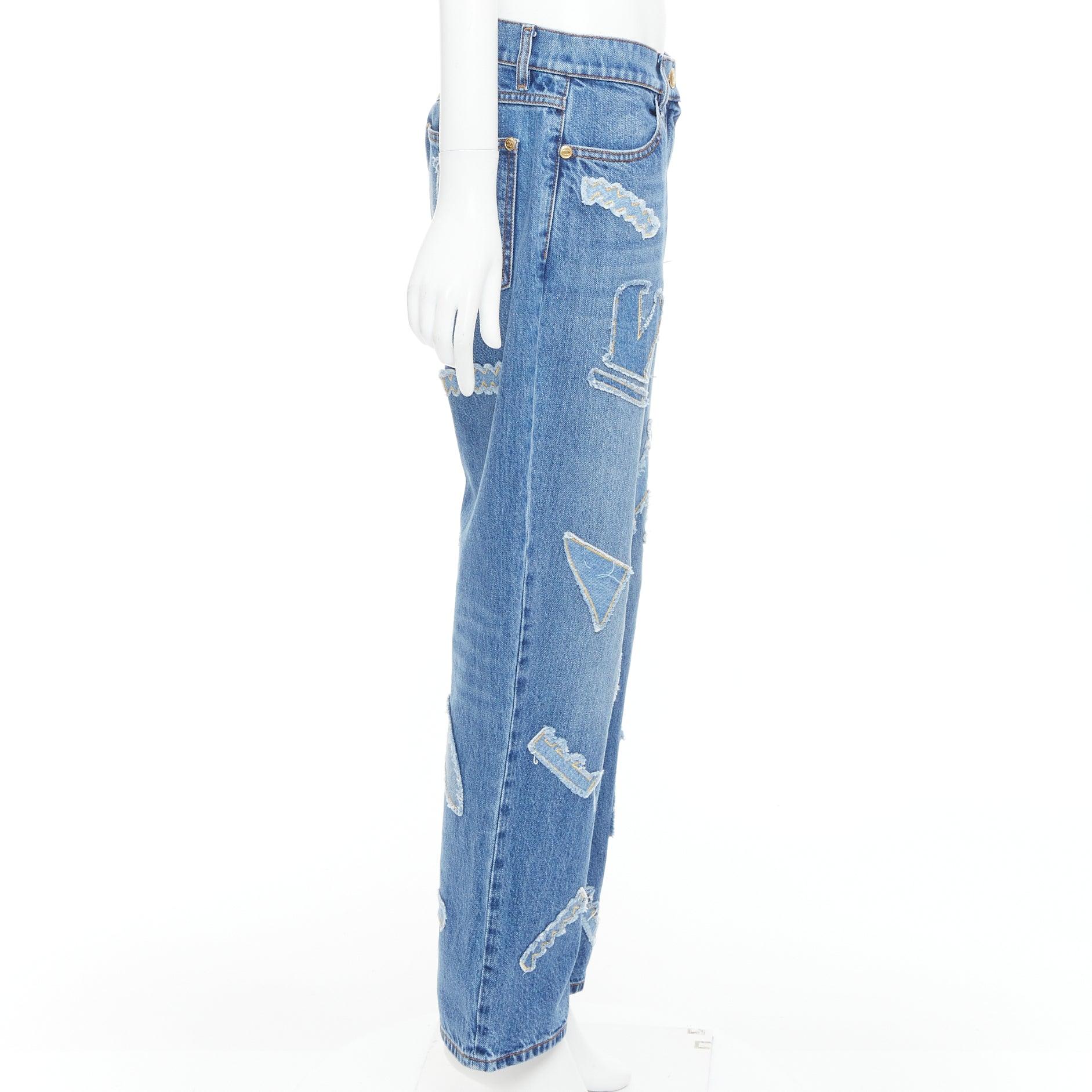 CHANEL 19A blue cotton hieroglyphics patch straight leg jeans FR40 L In Excellent Condition For Sale In Hong Kong, NT