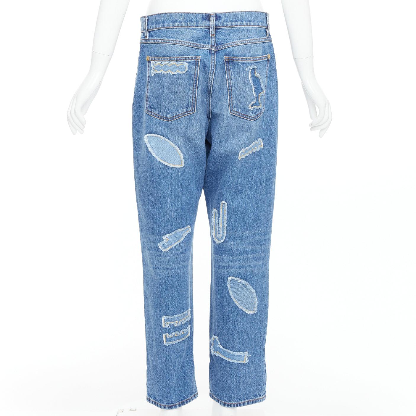 Women's CHANEL 19A blue cotton hieroglyphics patch straight leg jeans FR40 L For Sale