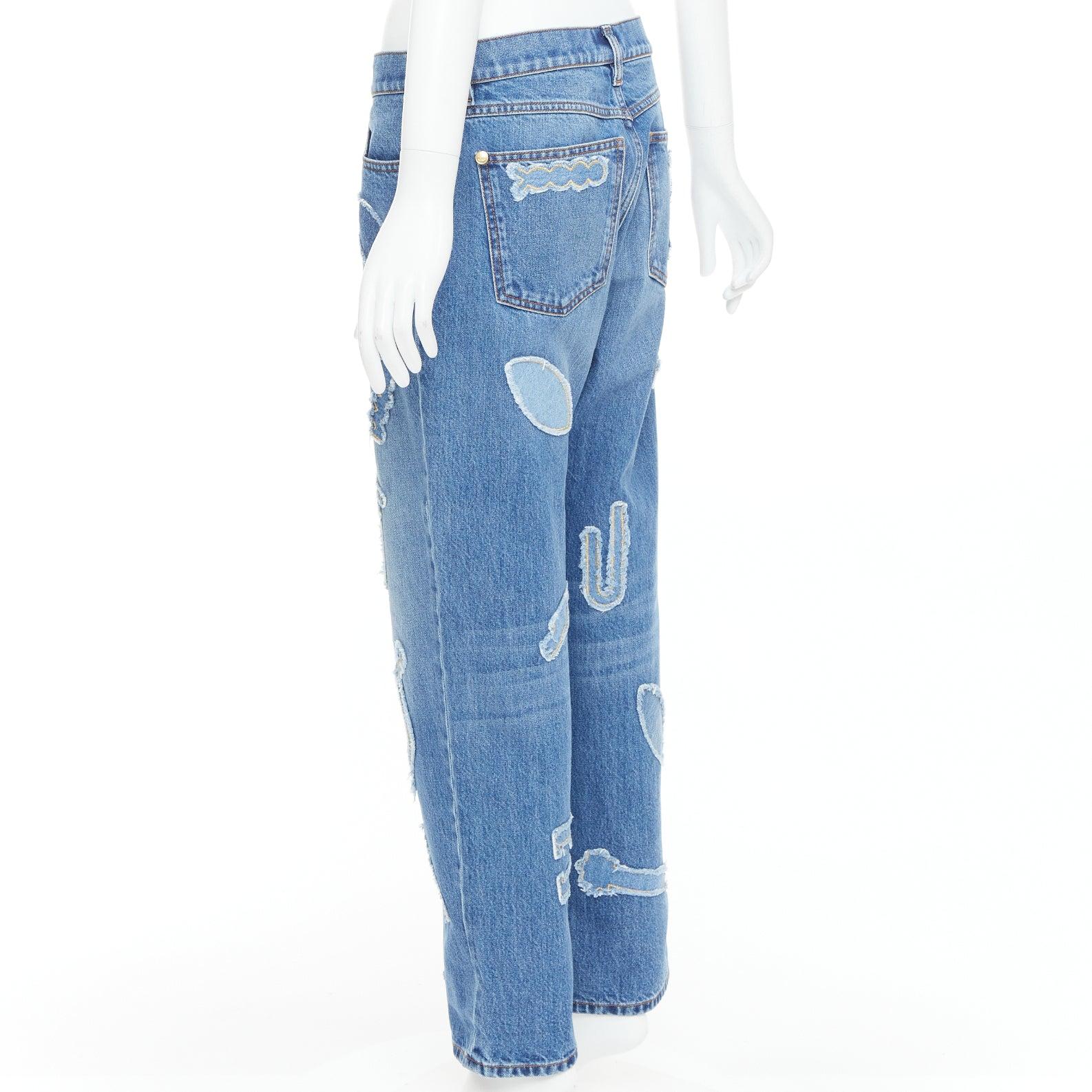 CHANEL 19A blue cotton hieroglyphics patch straight leg jeans FR40 L For Sale 1