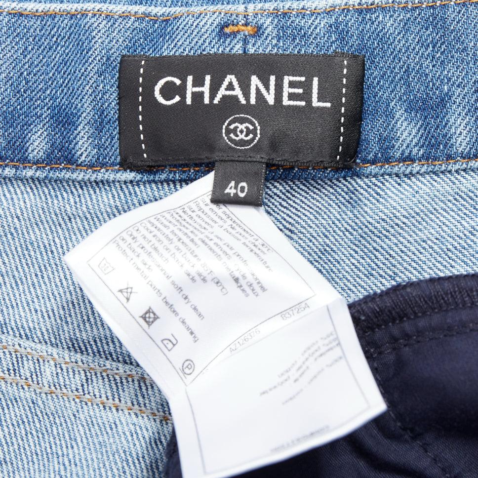 CHANEL 19A blue cotton hieroglyphics patch straight leg jeans FR40 L For Sale 3