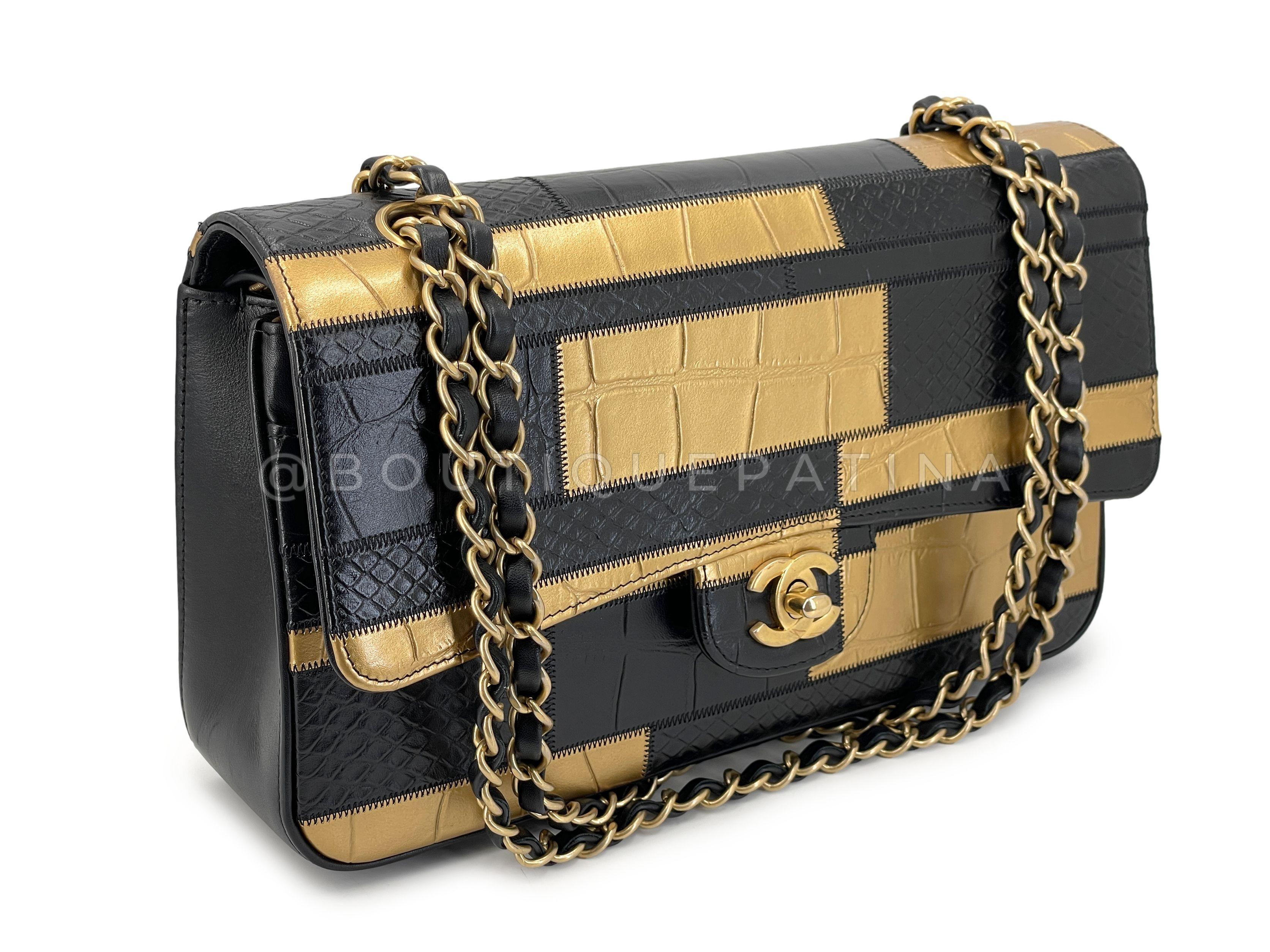 Store item: 67619
This Chanel 19A Egypt Black/Gold Crocodile and Python Print Medium Classic Double Flap Bag GHW Paris-New York was an iconic classic from Karl Lagerfeld's 2019 collection. In 2019, Chanel discontinued the production of leather goods