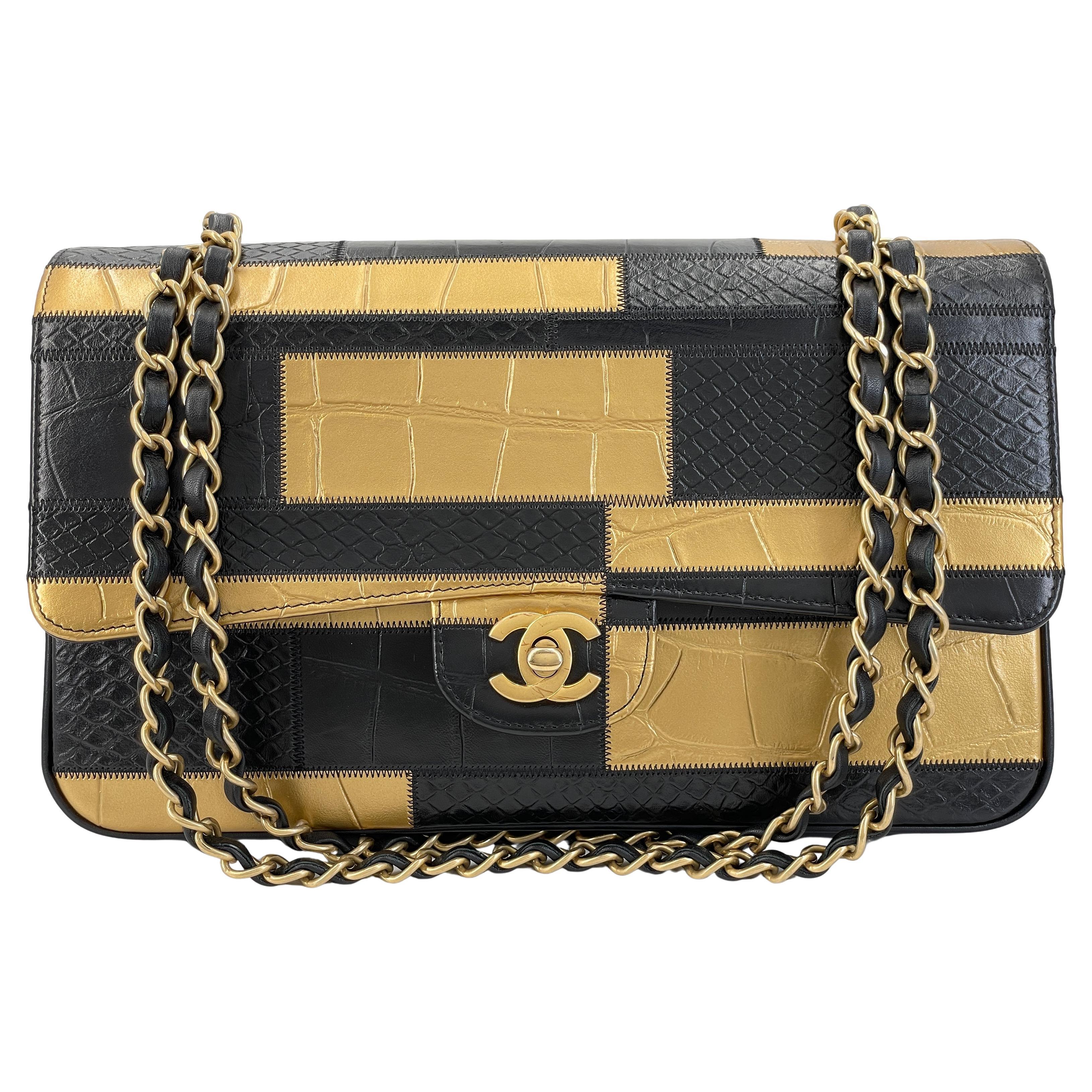 Chanel 19A Egypt Black/Gold Crocodile Print Medium Classic Flap Bag GHW 67619 For Sale