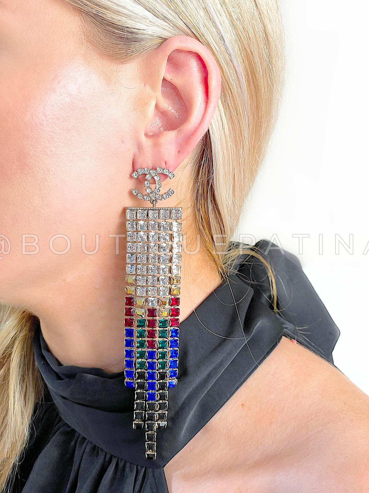 Women's Chanel 19A Egypt Crystal Mesh Rainbow Strass Earrings 5-Row Large 67669 For Sale