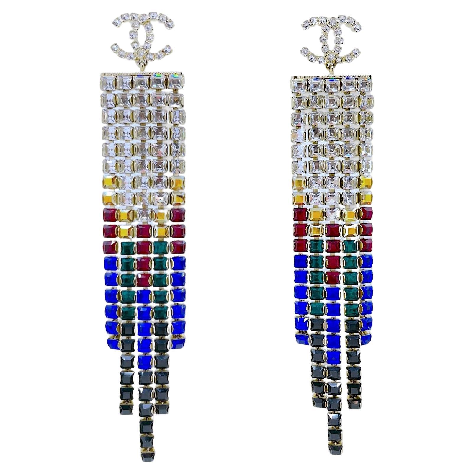Chanel 19A Egypt Crystal Mesh Rainbow Strass Earrings 5-Row Large 67669 For Sale