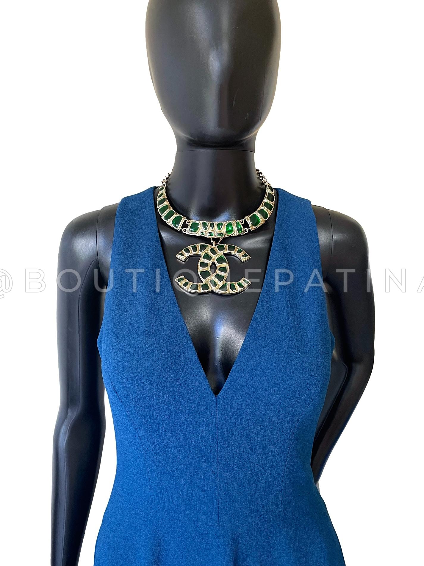 Chanel 19A Egypt Giant Green Crocodile Print Gold Choker Necklace 67324 1