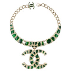Chanel 19A Egypt Giant Green Crocodile Print Gold Choker Necklace 67324