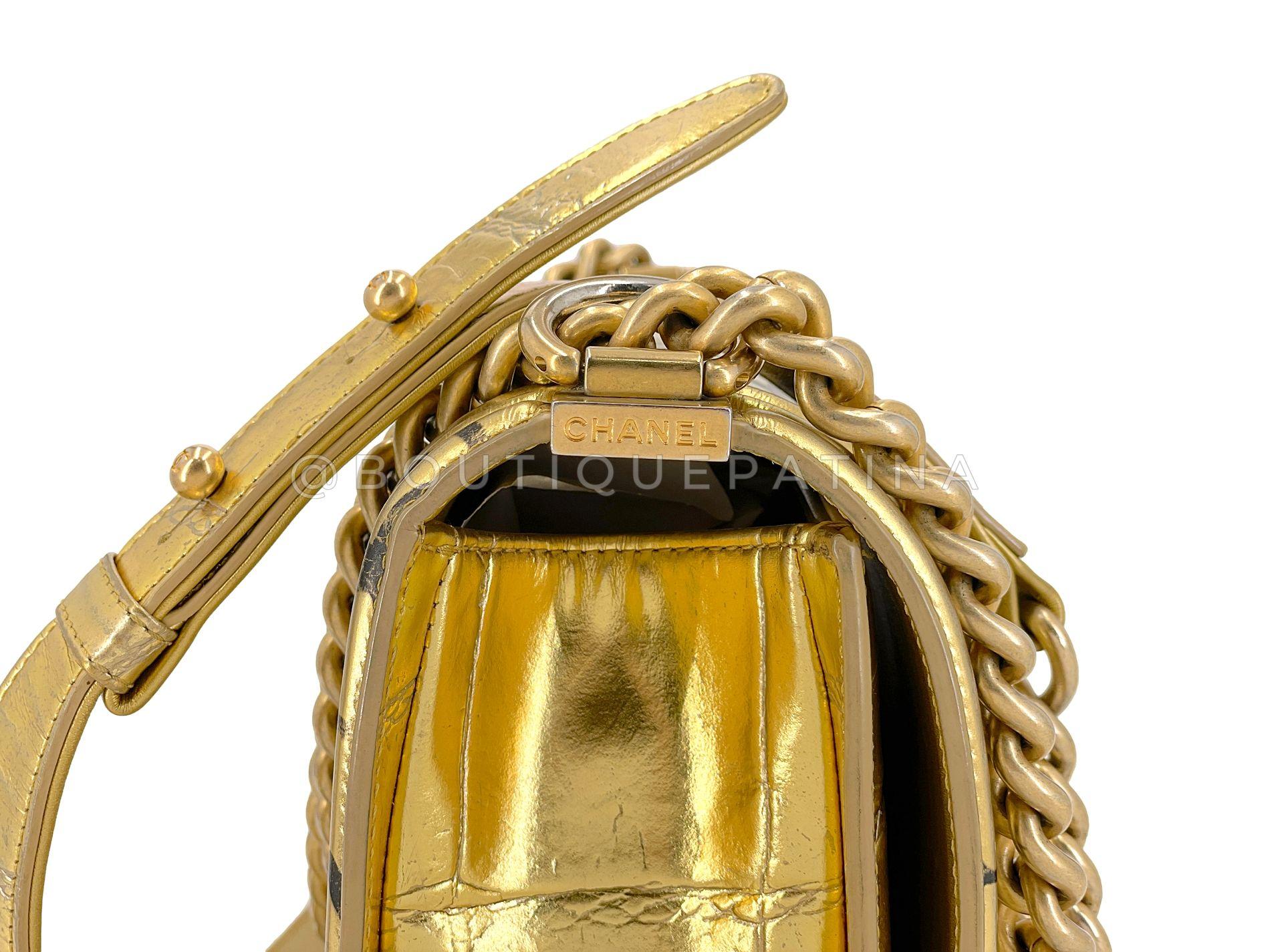 Women's Chanel 19A Egypt Gold Crocodile Graffiti Boy Bag Medium GHW Paris-New York 68578 For Sale