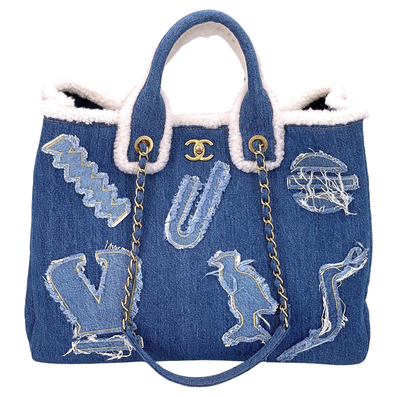Chanel 19A Egyptian Denim Blue Hieroglyphic Shearling Convertible Tote Bag 68046