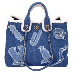 Chanel 19A Egyptian Denim Blue Hieroglyphic Shearling Convertible Tote Bag 68046