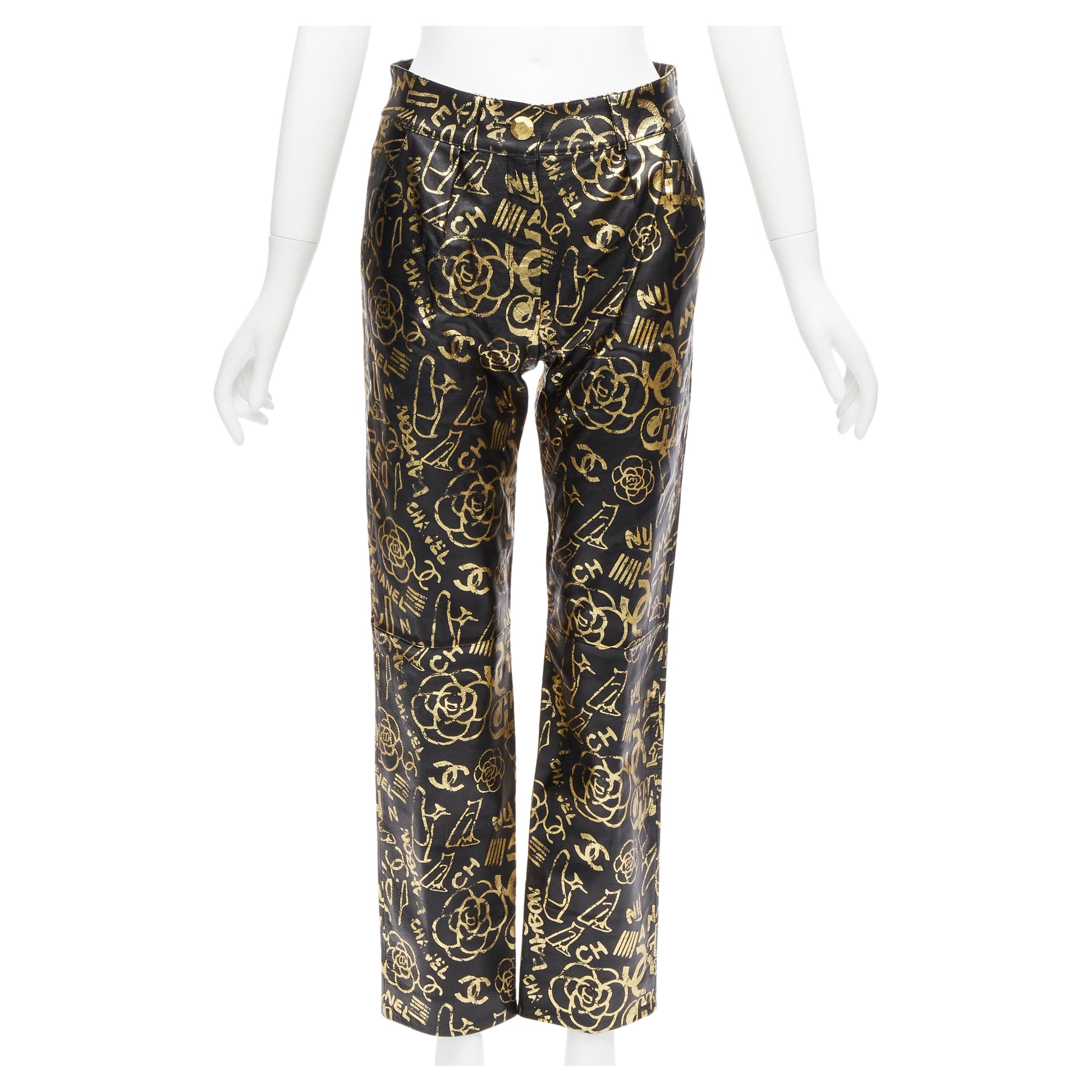 CHANEL 19A gold CC Camellia graffiti print black lambskin leather pants FR34 XS