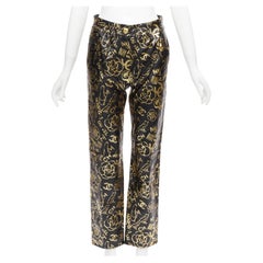 CHANEL 19A gold CC Camellia graffiti print black lambskin leather pants FR34 XS