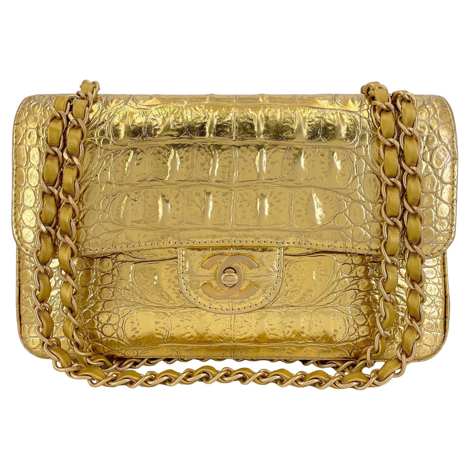 Chanel 19A Oro Stampa Coccodrillo Piccola Borsa Classica Doppia Patta Egiziana GHW 68719